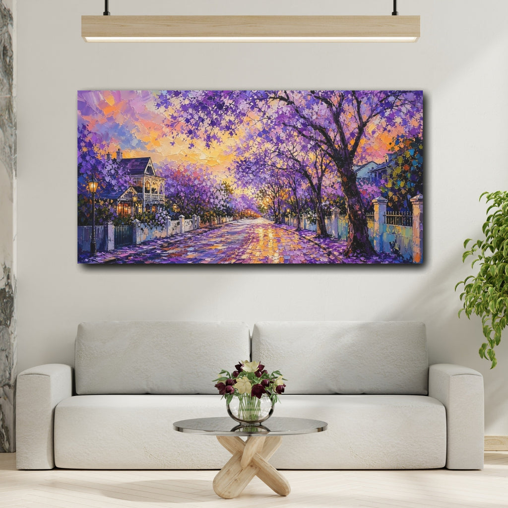 Mockup 2. Nature Jacaranda Trees Purple And Orange shown as stretched canvas wall art