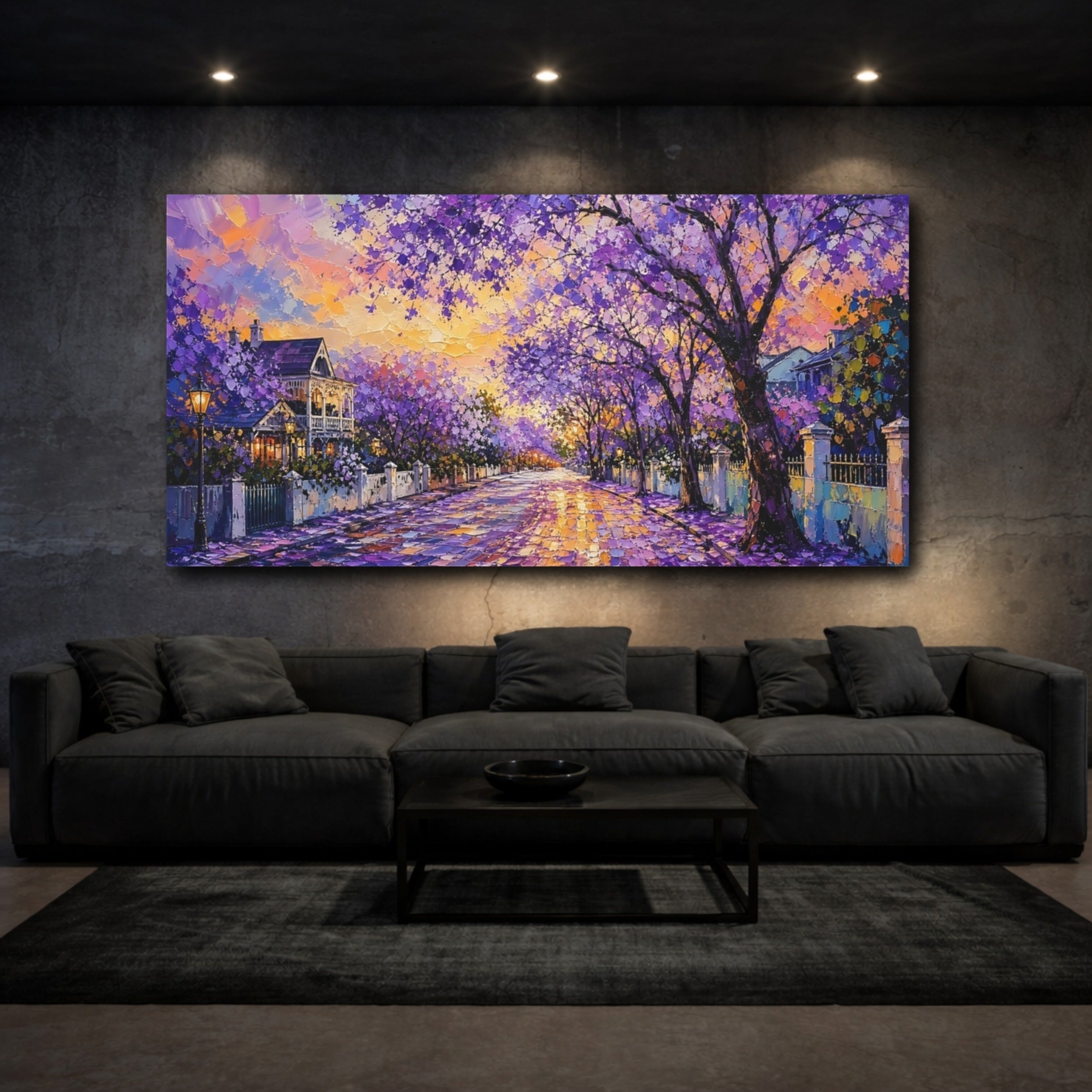 Mockup 3. Nature Jacaranda Trees Purple And Orange shown as stretched canvas wall art