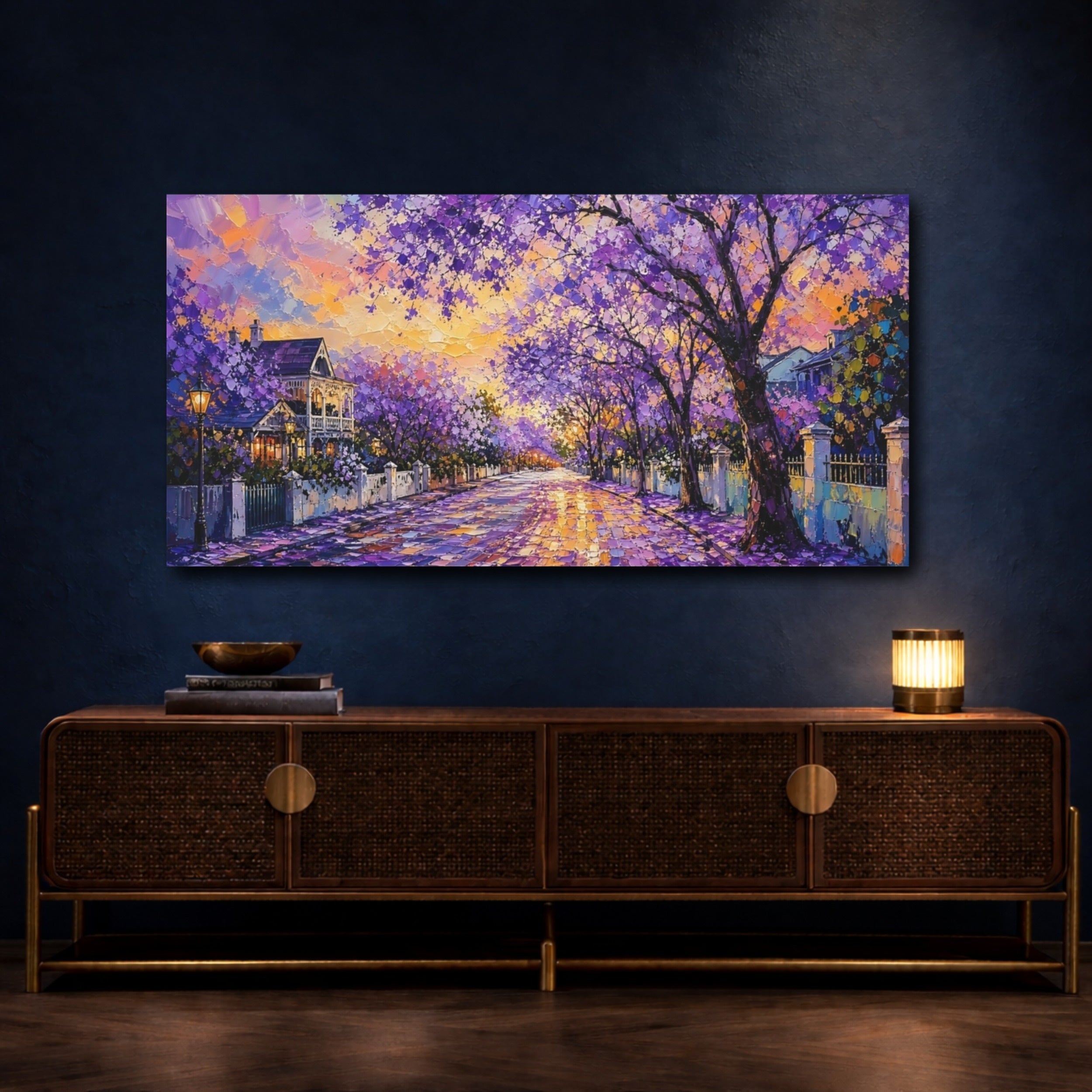 Mockup 4. Nature Jacaranda Trees Purple And Orange shown as stretched canvas wall art