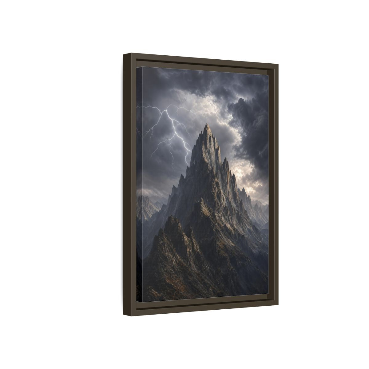 Side Mockup 5. Nature Jagged Peaks Dark Grey Landscape shown as stretched canvas wall art
