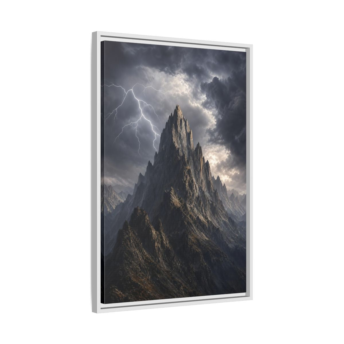 Side Mockup 10. Nature Jagged Peaks Dark Grey Landscape shown as stretched canvas wall art