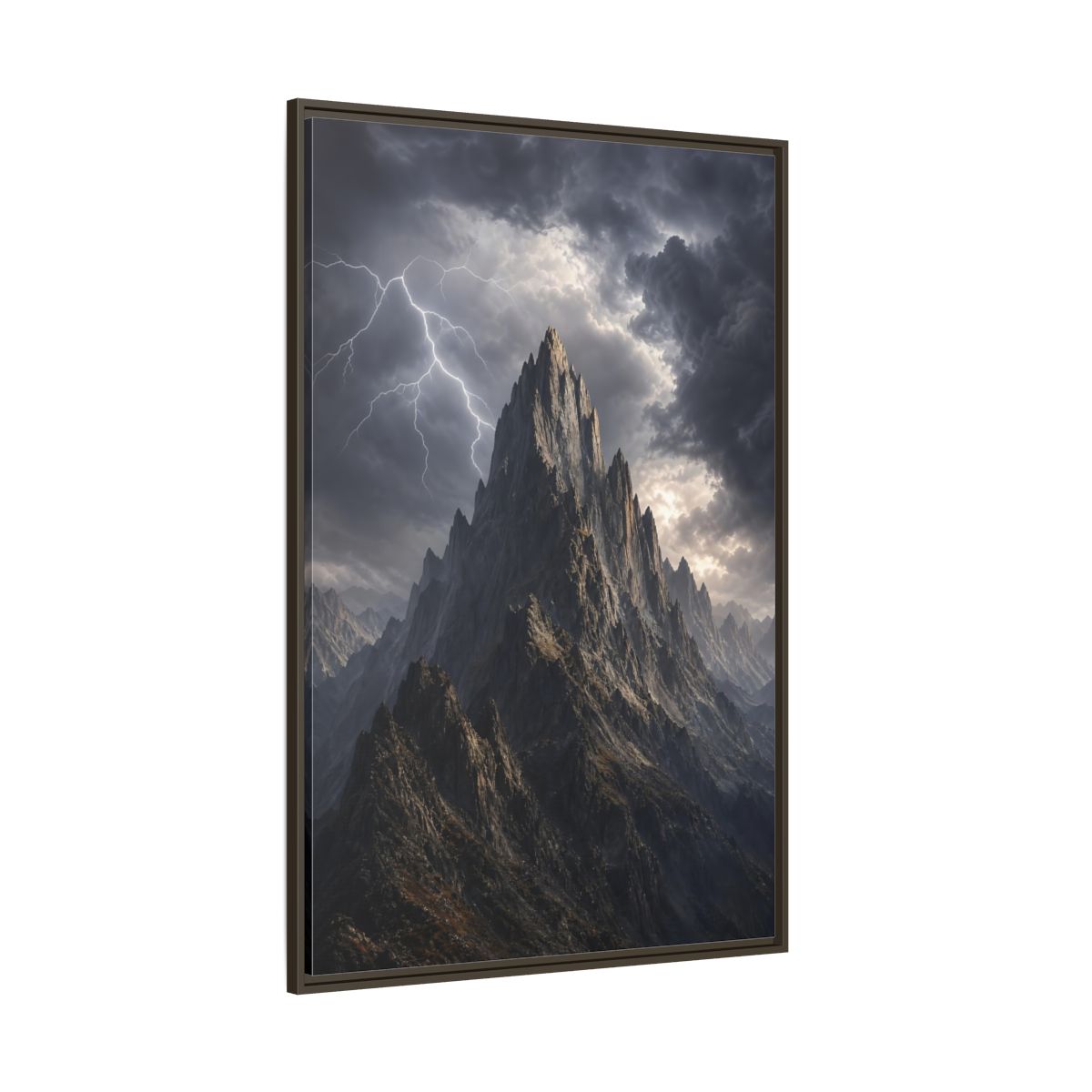Side Mockup 8. Nature Jagged Peaks Dark Grey Landscape shown as stretched canvas wall art
