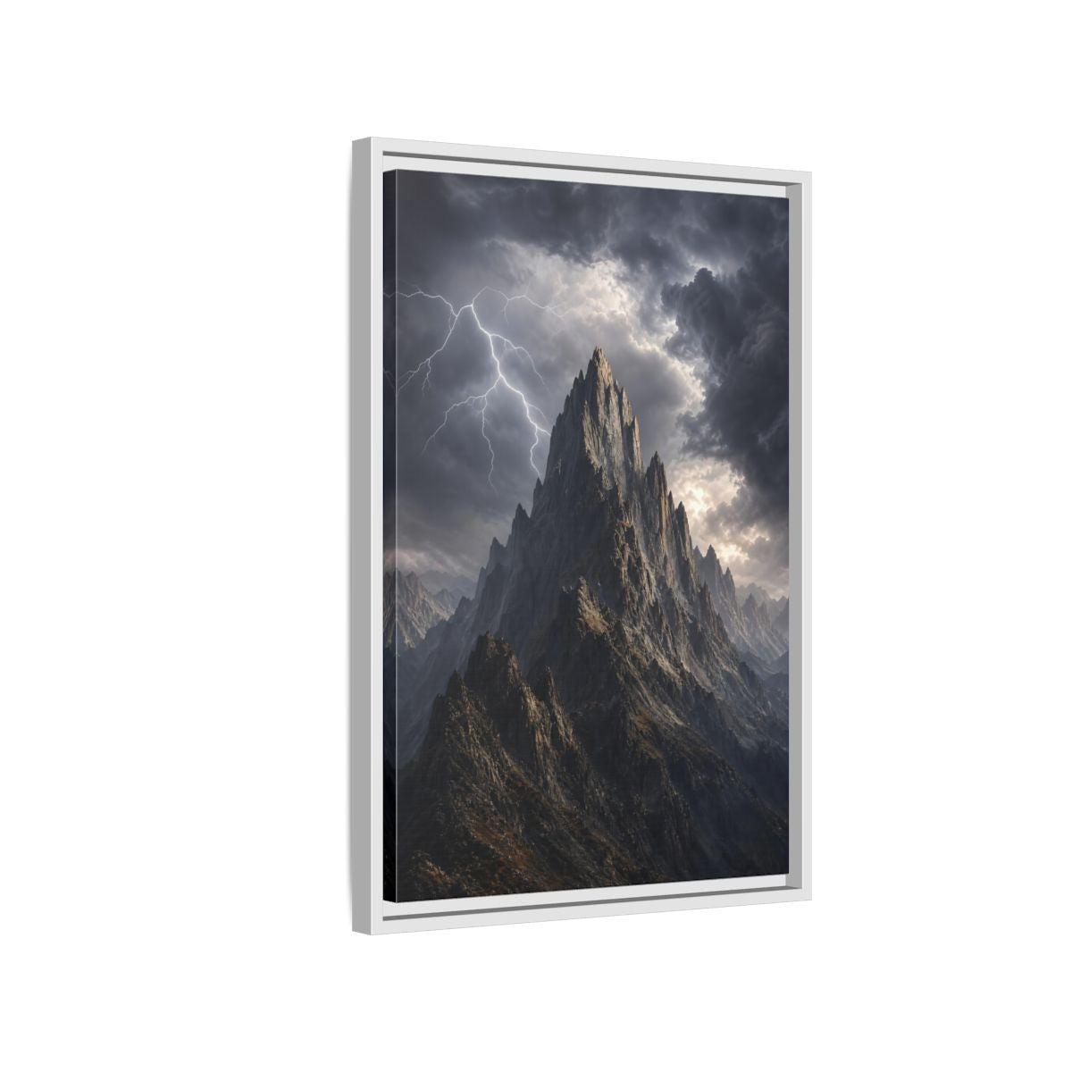 Side Mockup 1. Nature Jagged Peaks Dark Grey Landscape shown as stretched canvas wall art