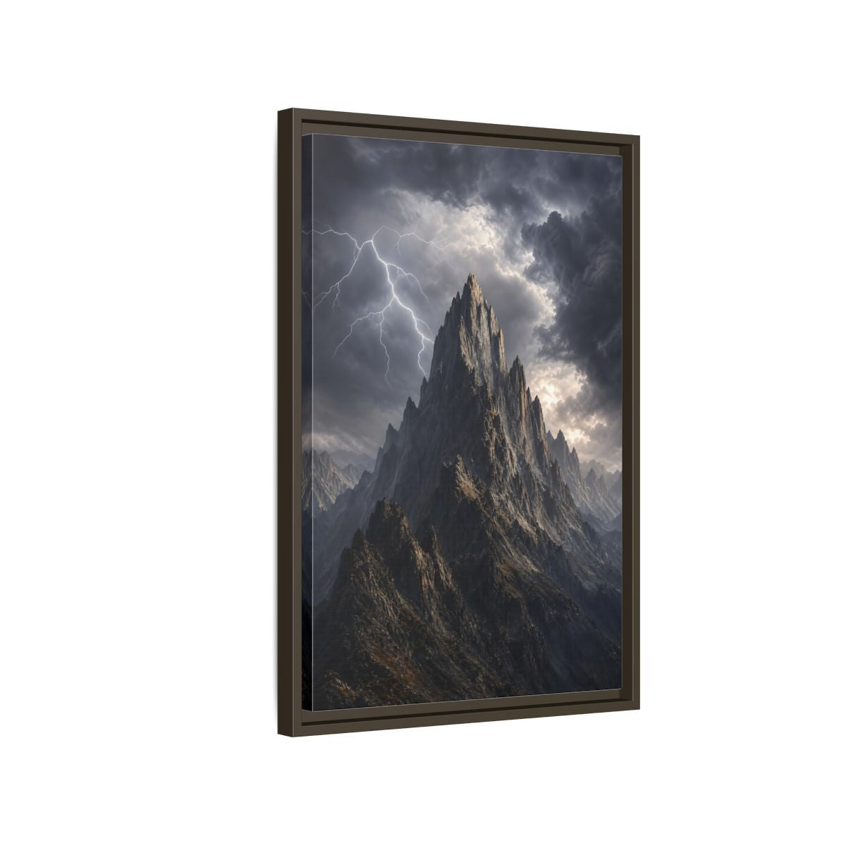 Side Mockup 2. Nature Jagged Peaks Dark Grey Landscape shown as stretched canvas wall art