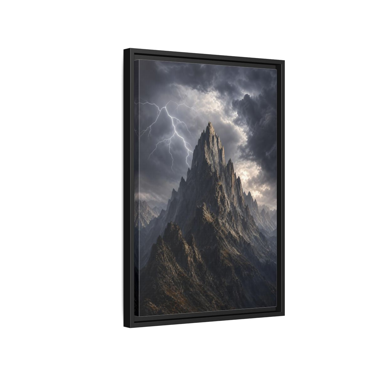 Side Mockup 3. Nature Jagged Peaks Dark Grey Landscape shown as stretched canvas wall art