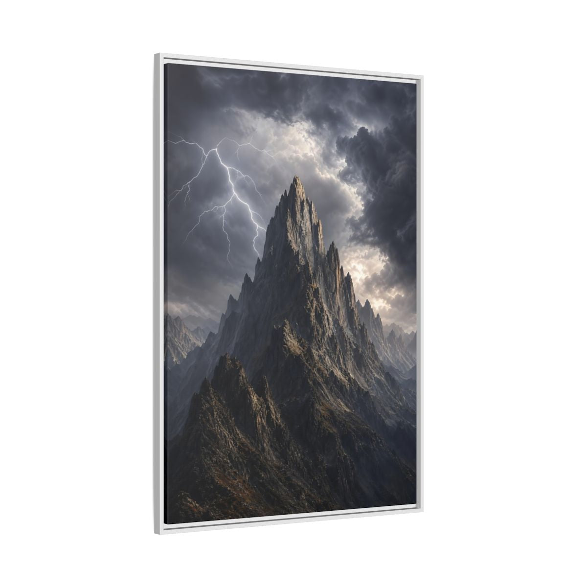 Side Mockup 7. Nature Jagged Peaks Dark Grey Landscape shown as stretched canvas wall art