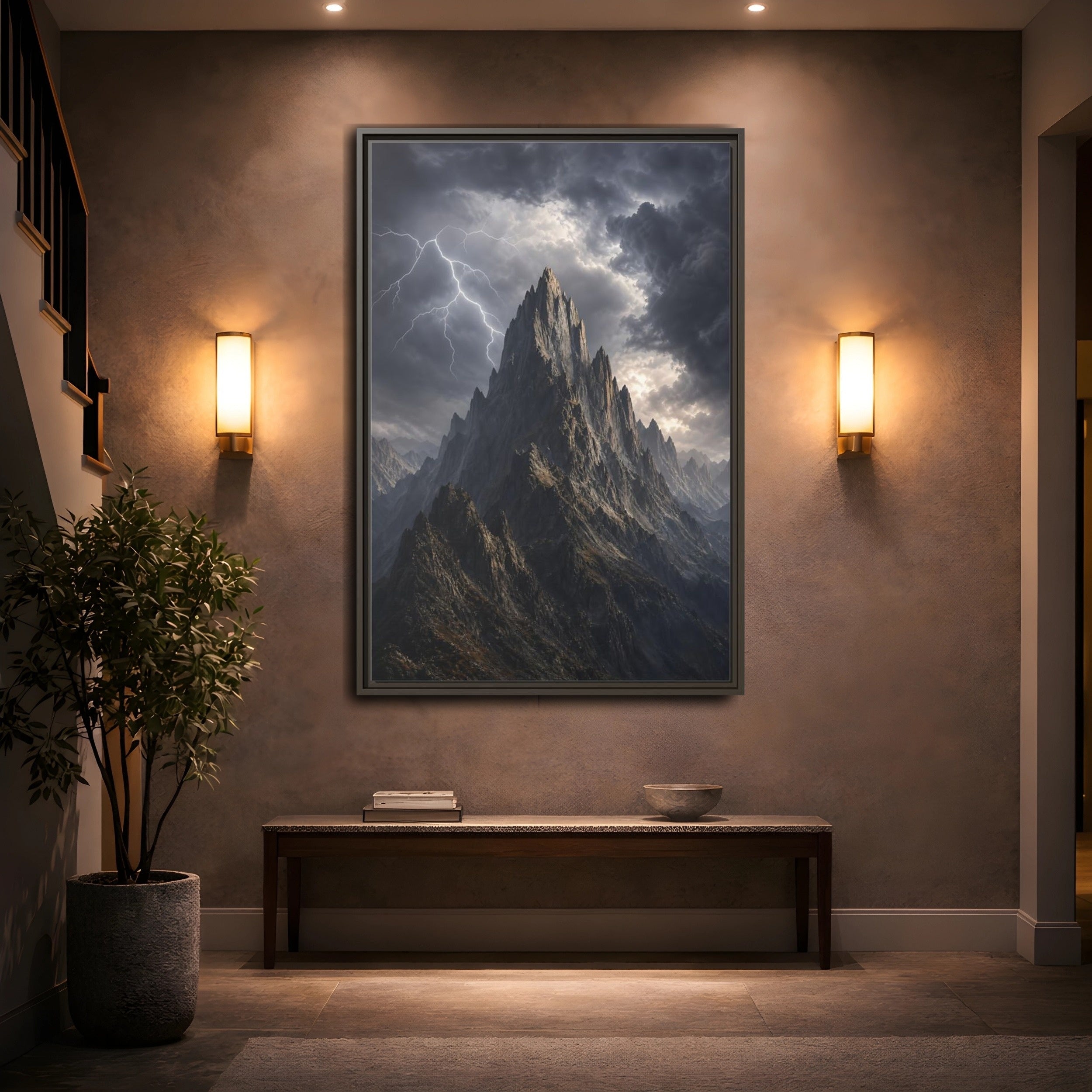 Mockup 2. Nature Jagged Peaks Dark Grey Landscape shown as stretched canvas wall art