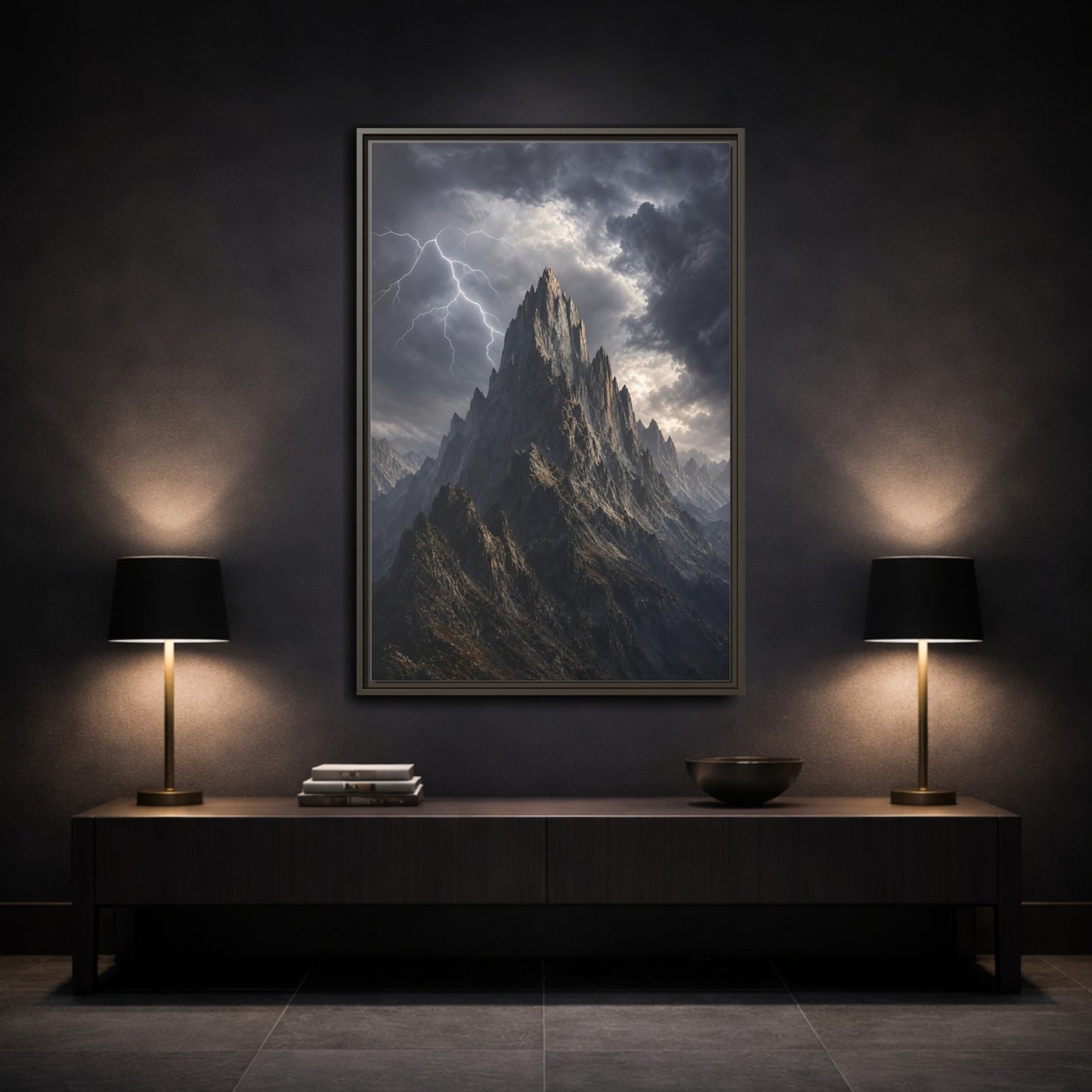 Mockup 3. Nature Jagged Peaks Dark Grey Landscape shown as stretched canvas wall art