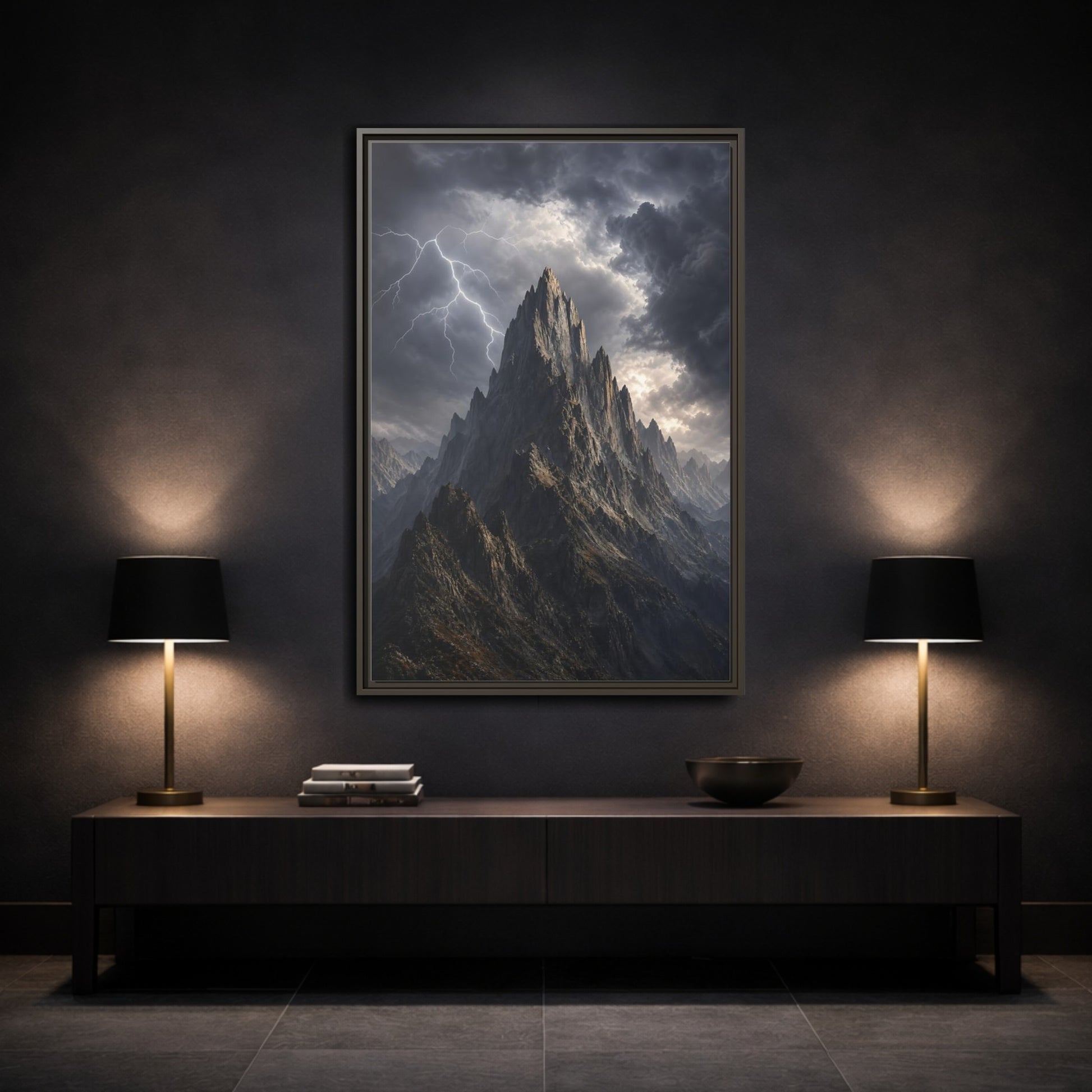 Mockup 3. Nature Jagged Peaks Dark Grey Landscape shown as stretched canvas wall art