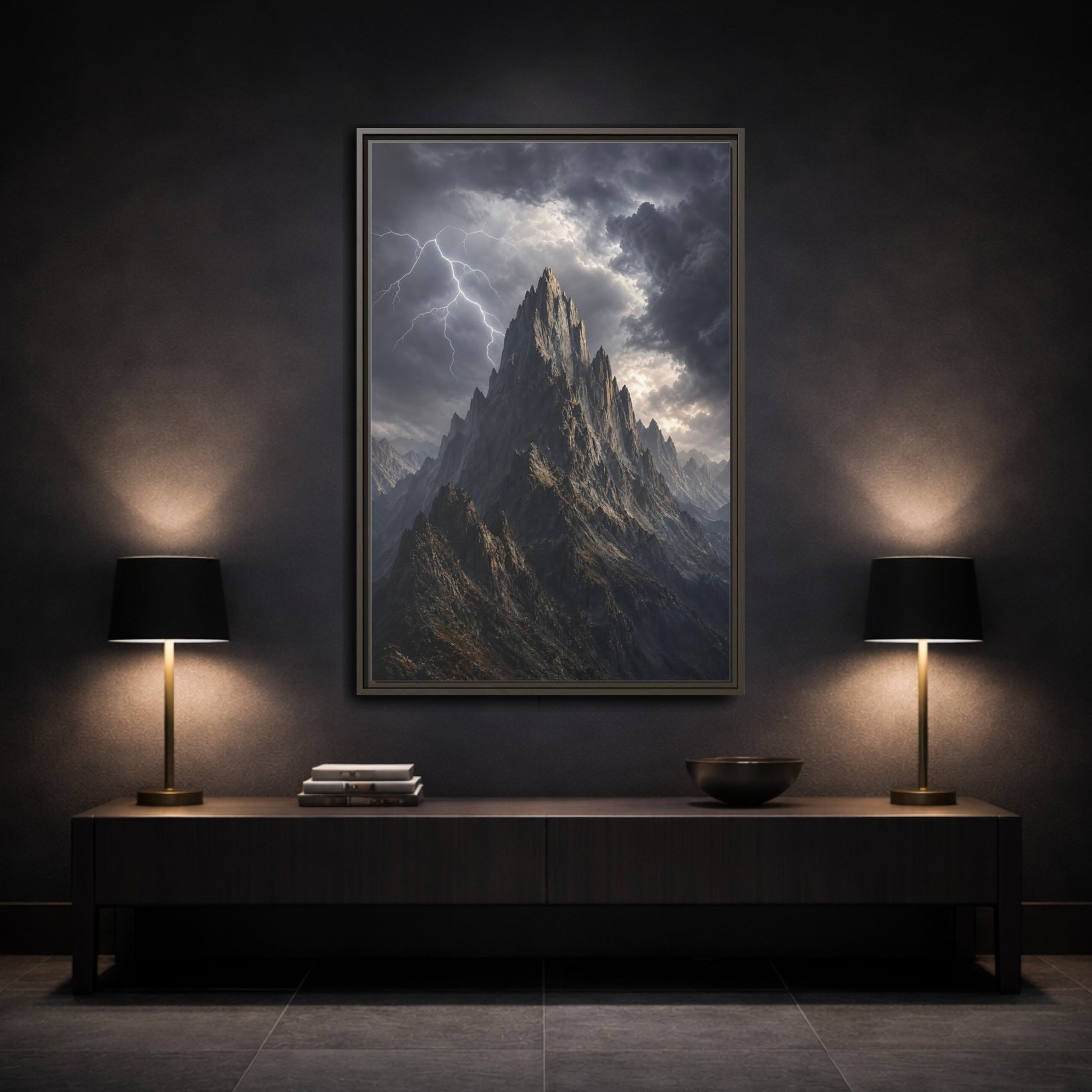 Mockup 3. Nature Jagged Peaks Dark Grey Landscape shown as stretched canvas wall art