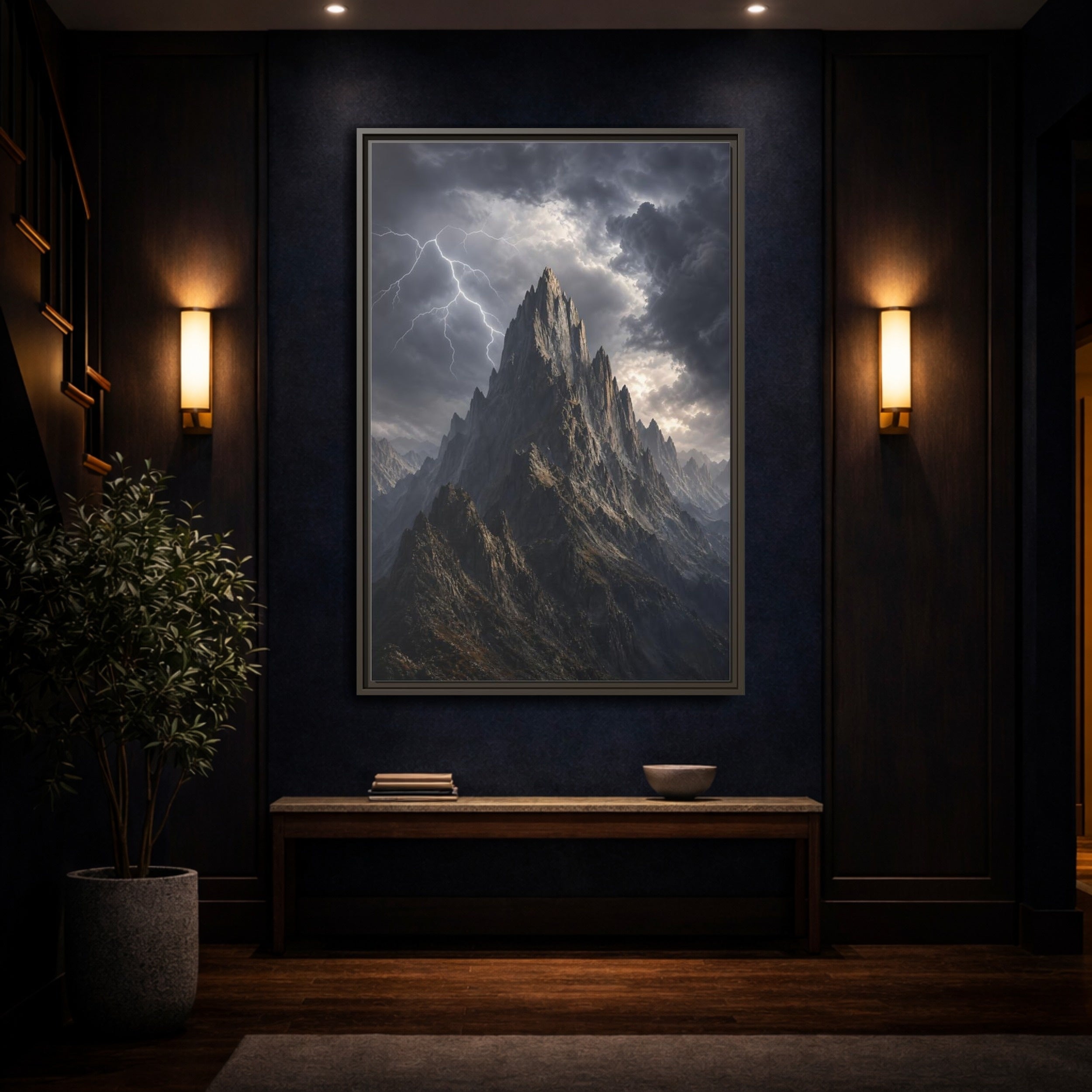 Mockup 4. Nature Jagged Peaks Dark Grey Landscape shown as stretched canvas wall art