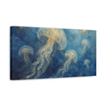 Side Mockup 3. Nature Jellyfish Blue And Gold Jellyfish shown as stretched canvas wall art