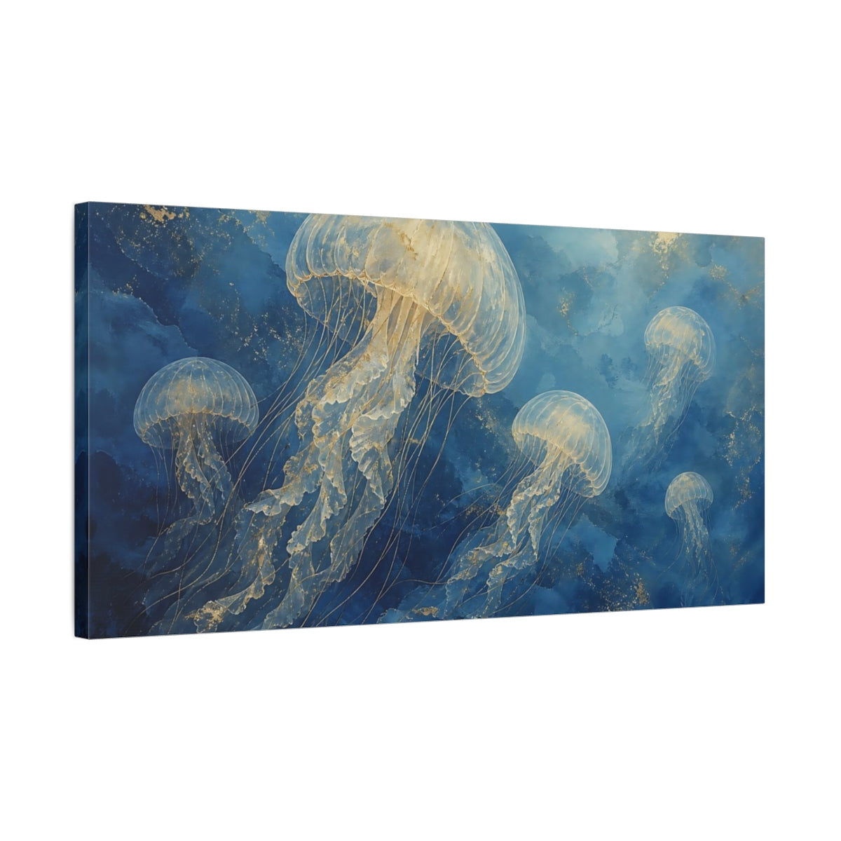 Side Mockup 1. Nature Jellyfish Blue And Gold Jellyfish shown as stretched canvas wall art
