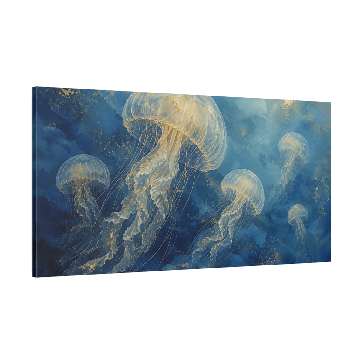 Side Mockup 2. Nature Jellyfish Blue And Gold Jellyfish shown as stretched canvas wall art