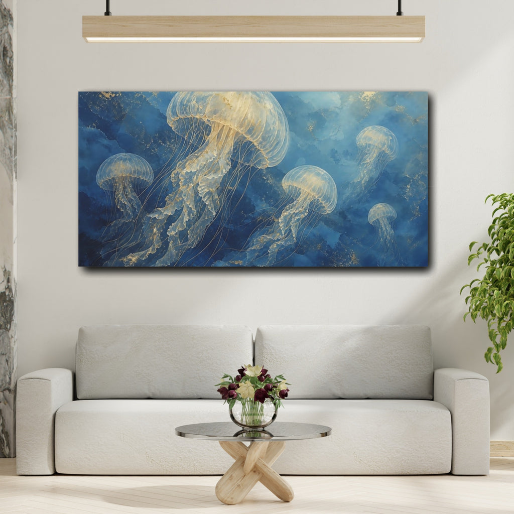 Mockup 2. Nature Jellyfish Blue And Gold Jellyfish shown as stretched canvas wall art