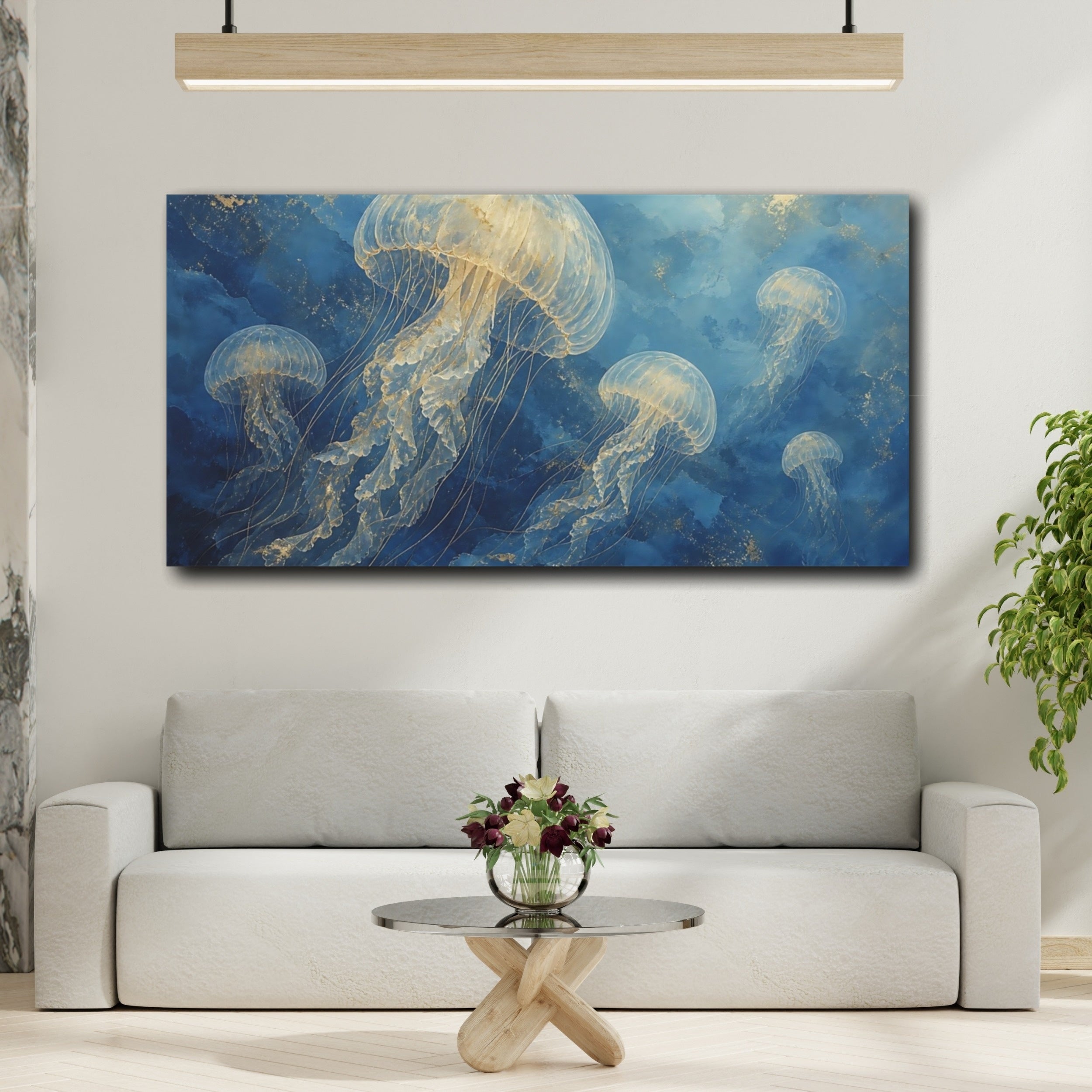 Mockup 2. Nature Jellyfish Blue And Gold Jellyfish shown as stretched canvas wall art