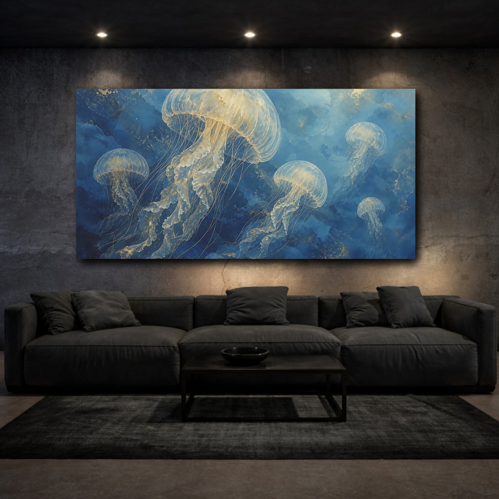 Mockup 3. Nature Jellyfish Blue And Gold Jellyfish shown as stretched canvas wall art