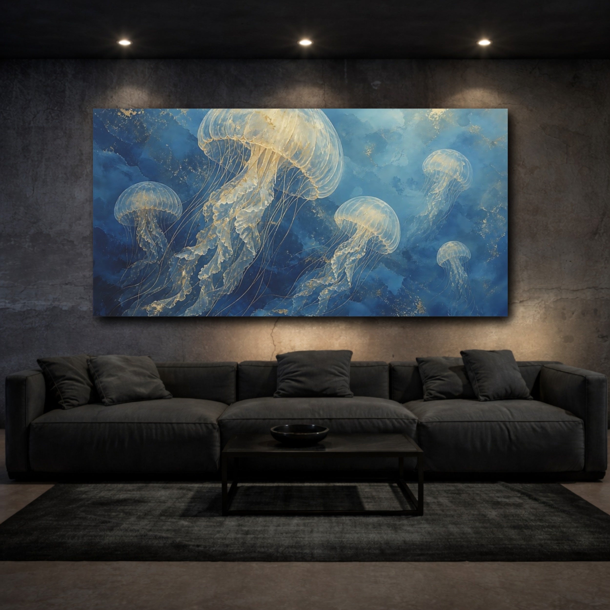 Mockup 3. Nature Jellyfish Blue And Gold Jellyfish shown as stretched canvas wall art
