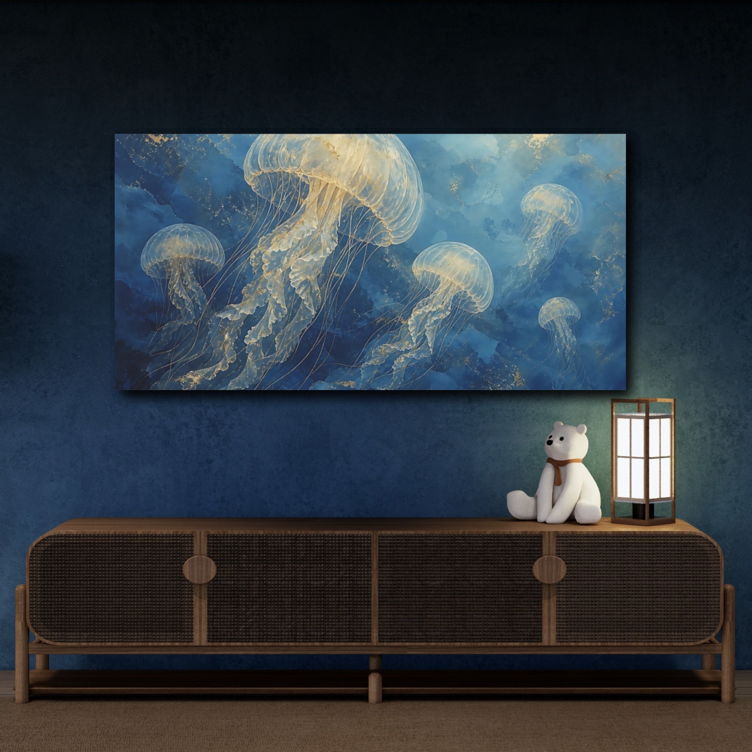 Mockup 4. Nature Jellyfish Blue And Gold Jellyfish shown as stretched canvas wall art