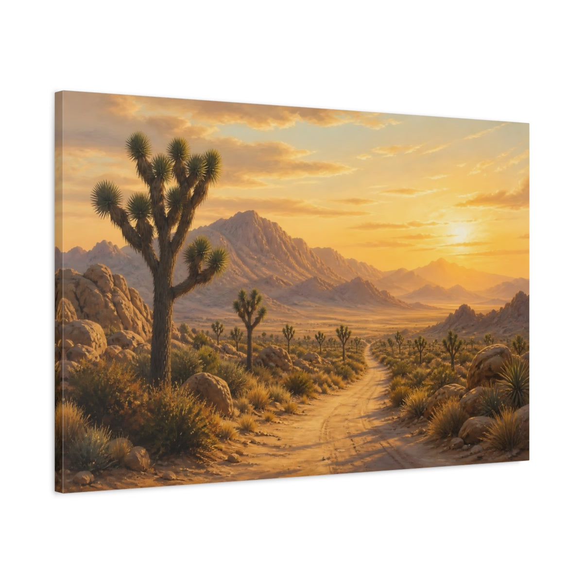 Main Mockup. Nature Joshua Tree Desert Sunset shown as stretched canvas wall art