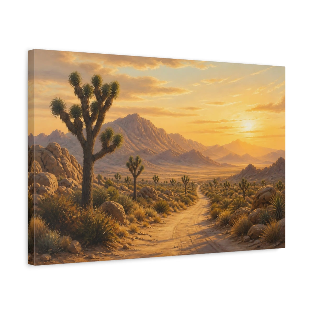 Side Mockup 3. Nature Joshua Tree Desert Sunset shown as stretched canvas wall art