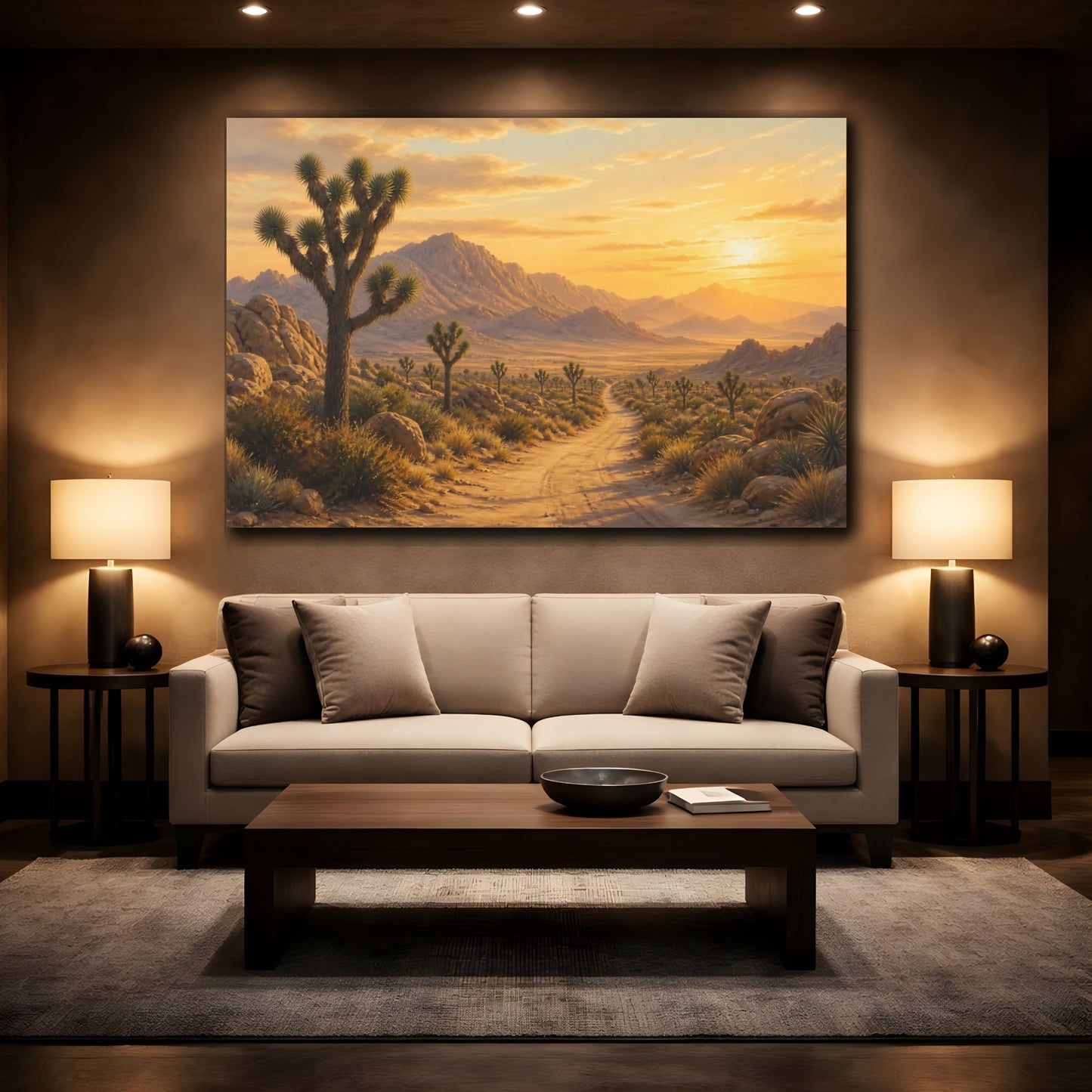 Mockup 2. Nature Joshua Tree Desert Sunset shown as stretched canvas wall art