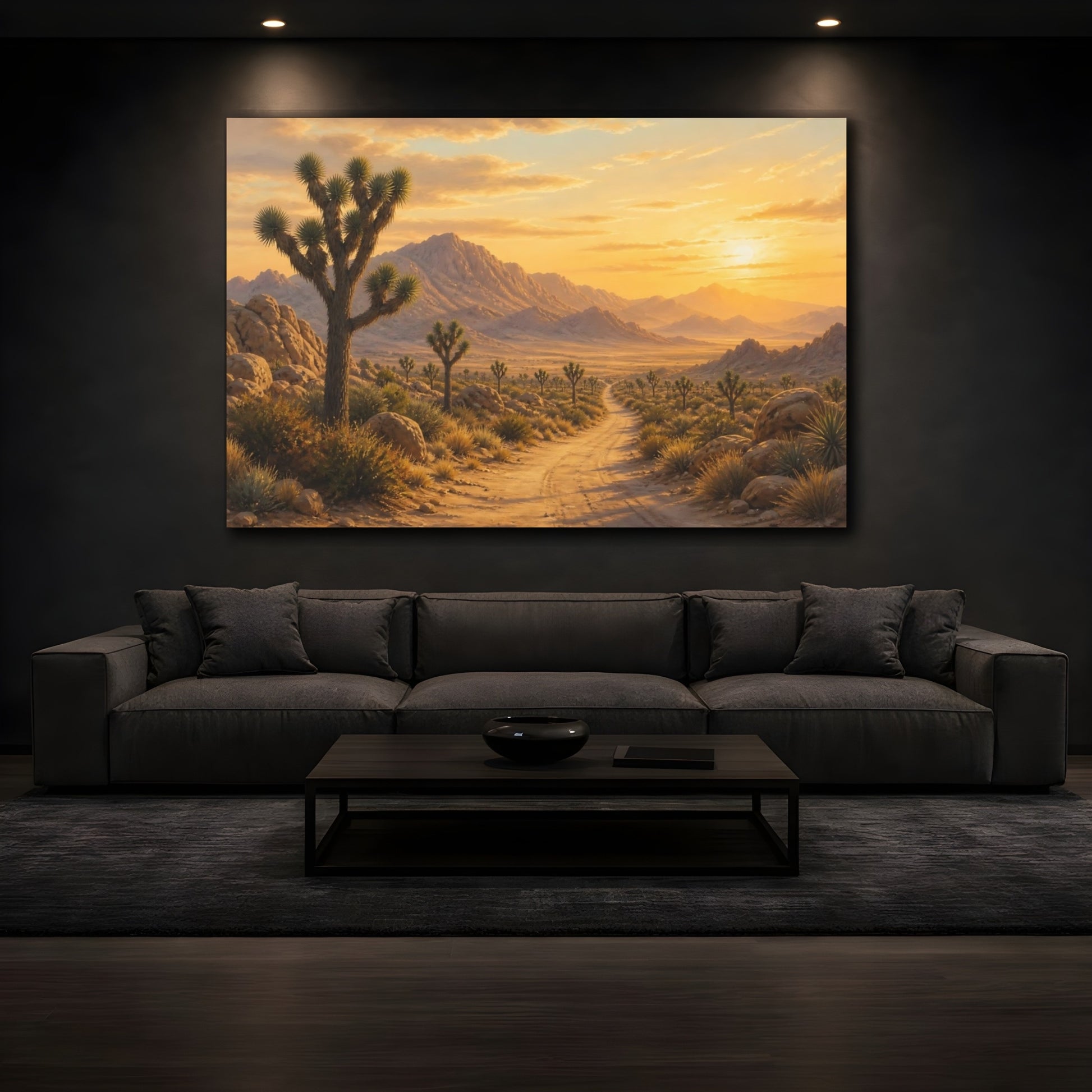 Mockup 3. Nature Joshua Tree Desert Sunset shown as stretched canvas wall art