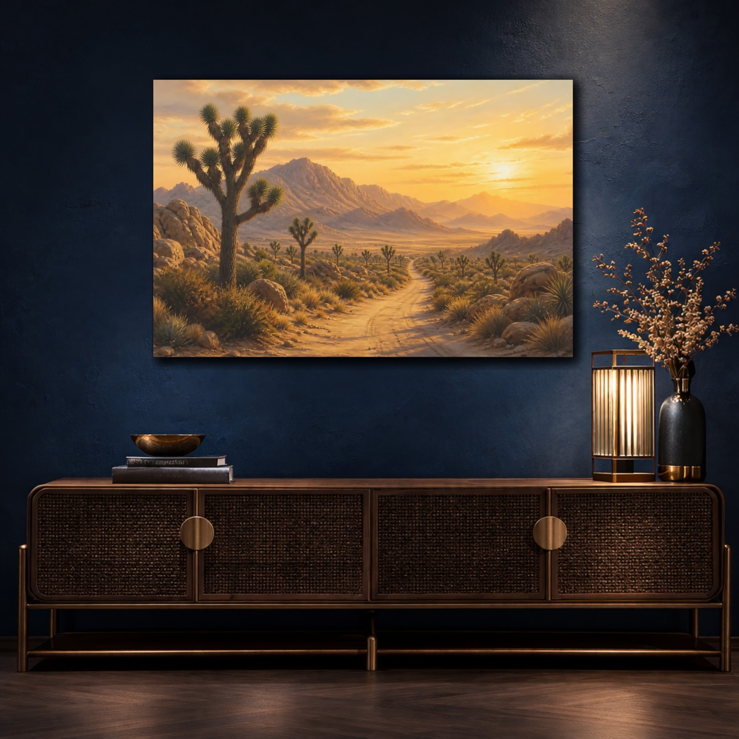 Mockup 4. Nature Joshua Tree Desert Sunset shown as stretched canvas wall art