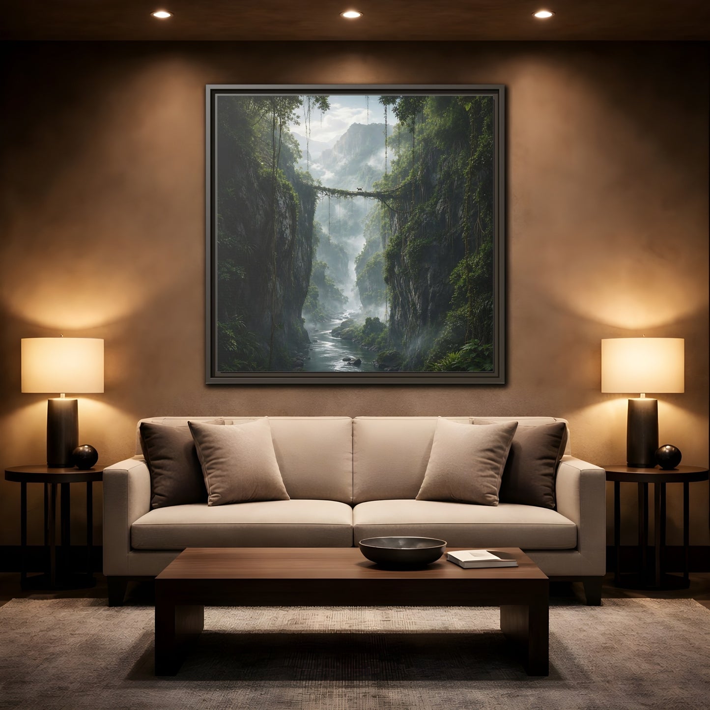 Mockup 2. Nature Jungle Gorge Green Jungle Canyon shown as stretched canvas wall art