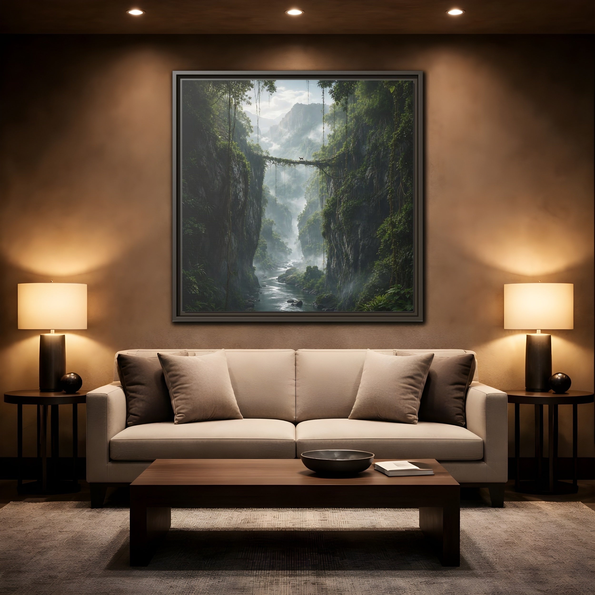 Mockup 2. Nature Jungle Gorge Green Jungle Canyon shown as stretched canvas wall art