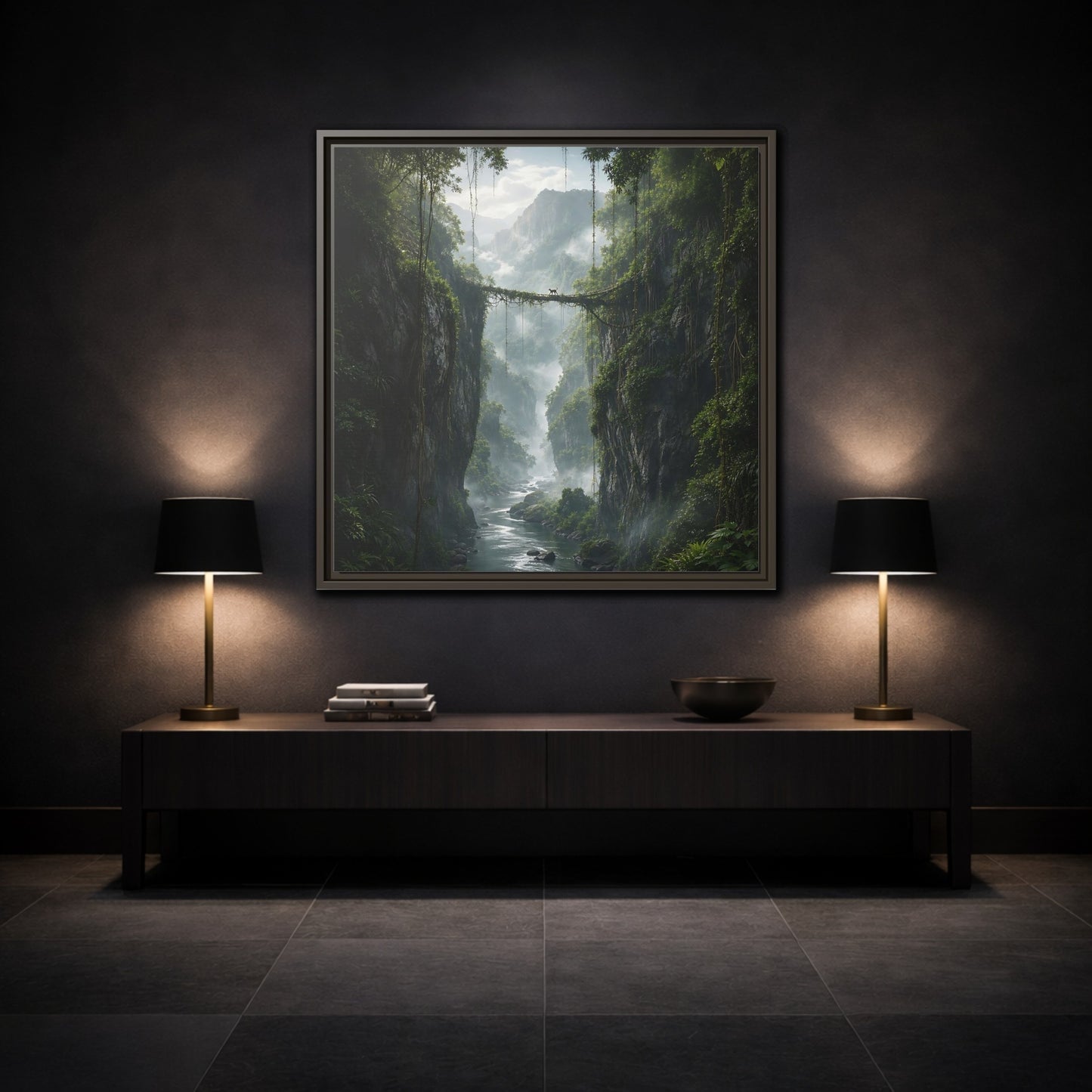 Mockup 3. Nature Jungle Gorge Green Jungle Canyon shown as stretched canvas wall art