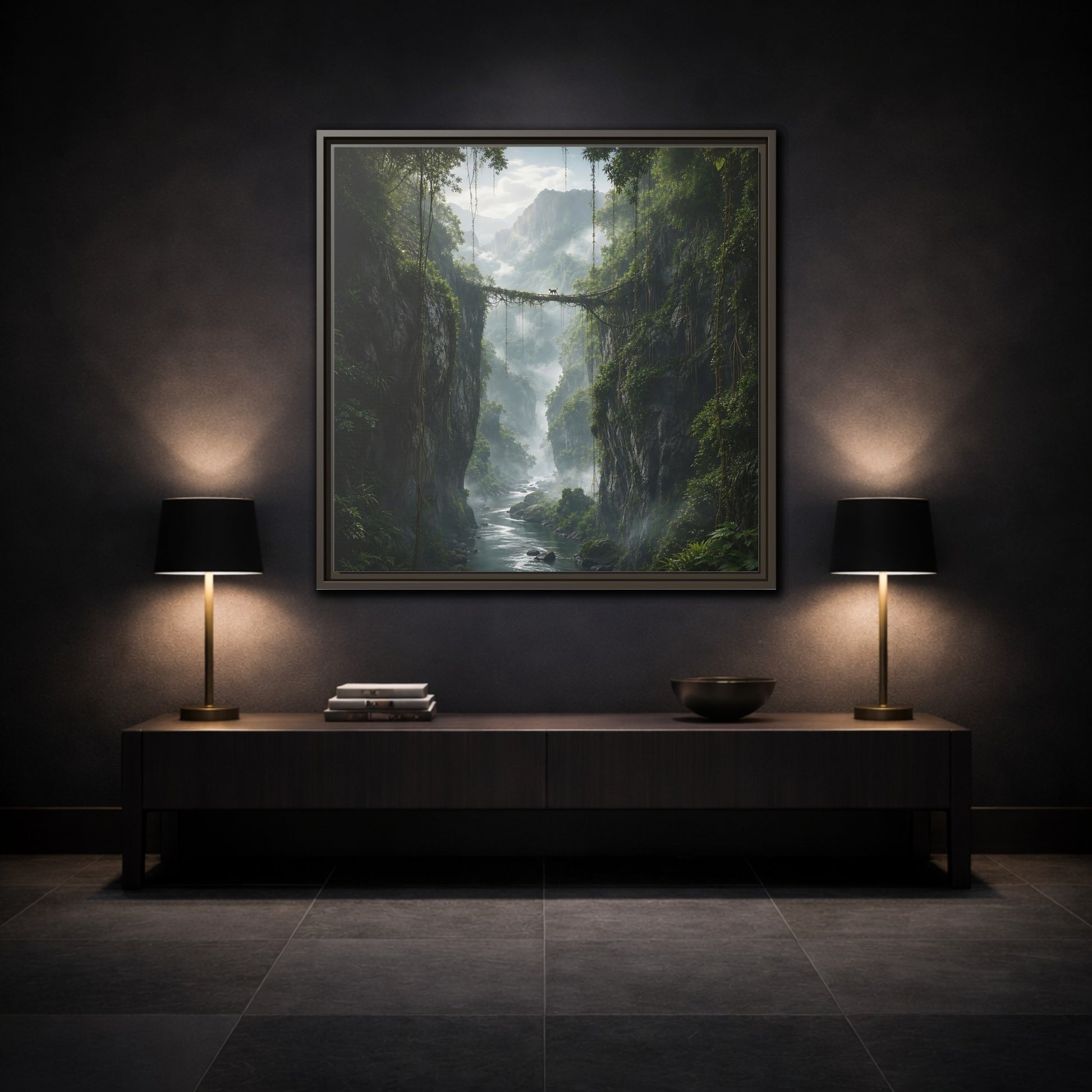 Mockup 3. Nature Jungle Gorge Green Jungle Canyon shown as stretched canvas wall art