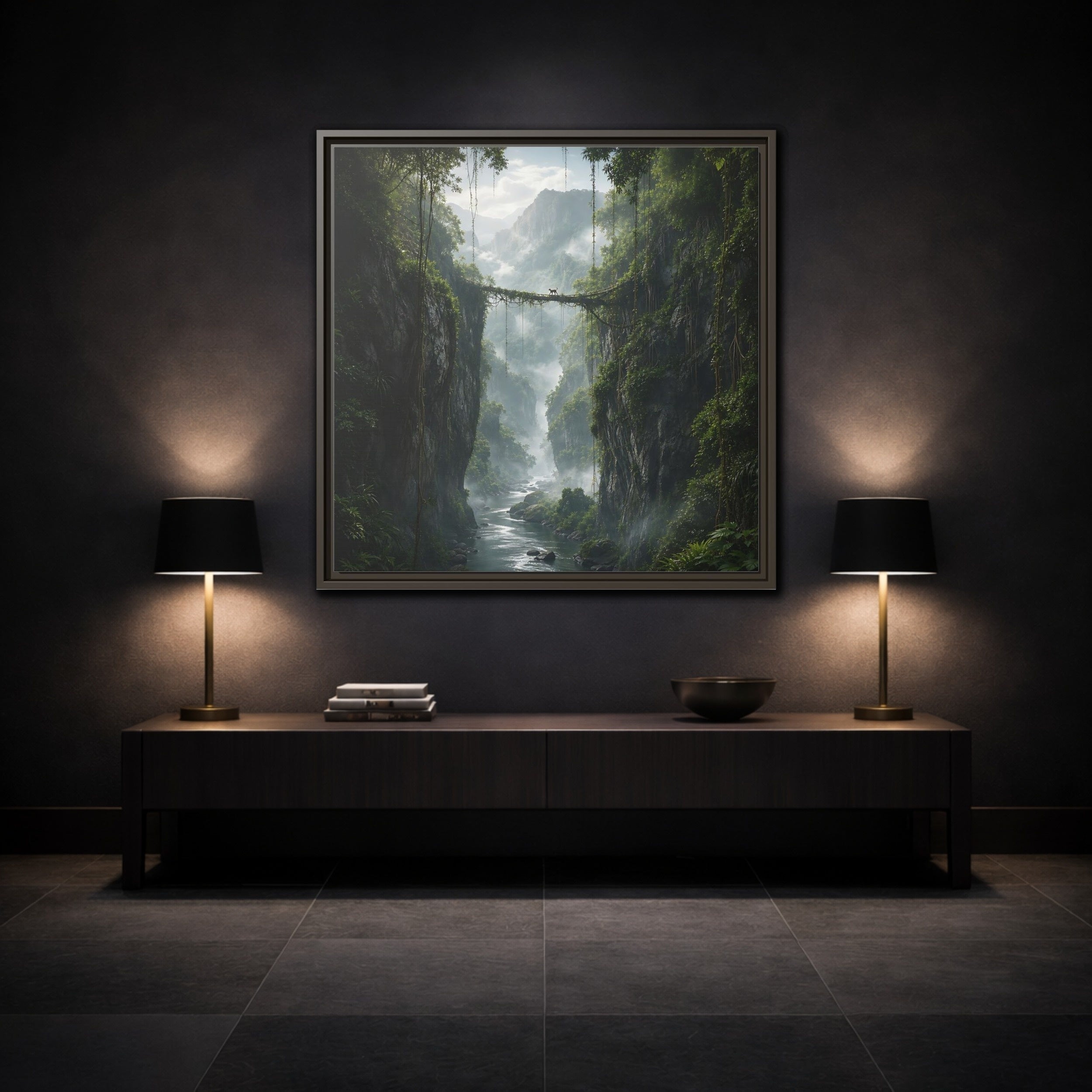 Mockup 3. Nature Jungle Gorge Green Jungle Canyon shown as stretched canvas wall art