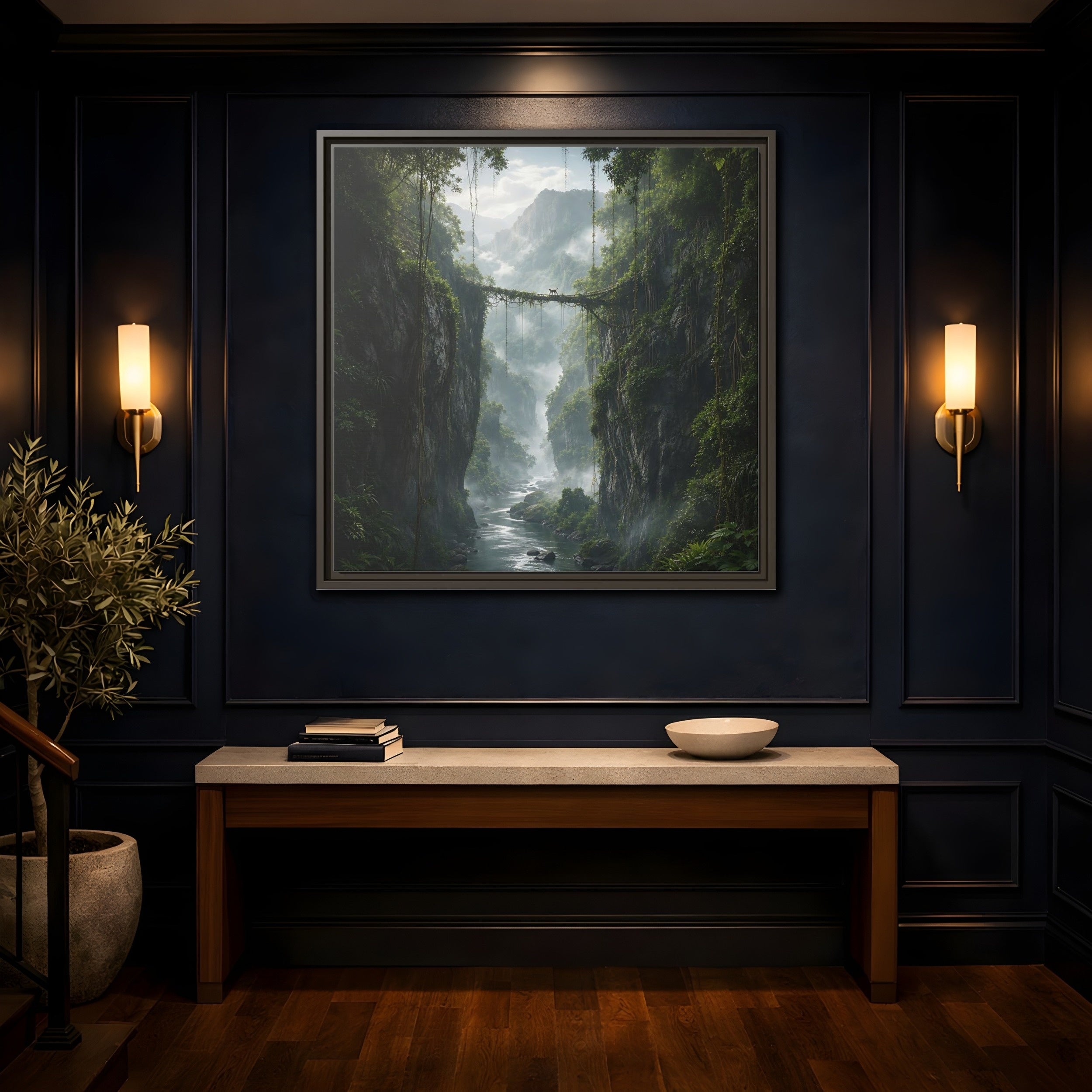 Mockup 4. Nature Jungle Gorge Green Jungle Canyon shown as stretched canvas wall art