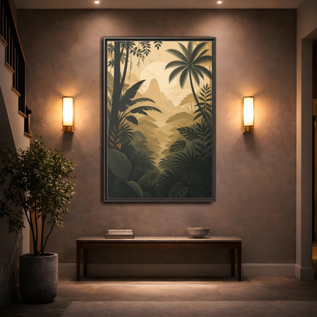 Mockup 2. Nature Jungle Landscape Brown And Gold shown as stretched canvas wall art