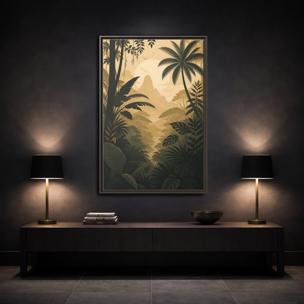 Mockup 3. Nature Jungle Landscape Brown And Gold shown as stretched canvas wall art