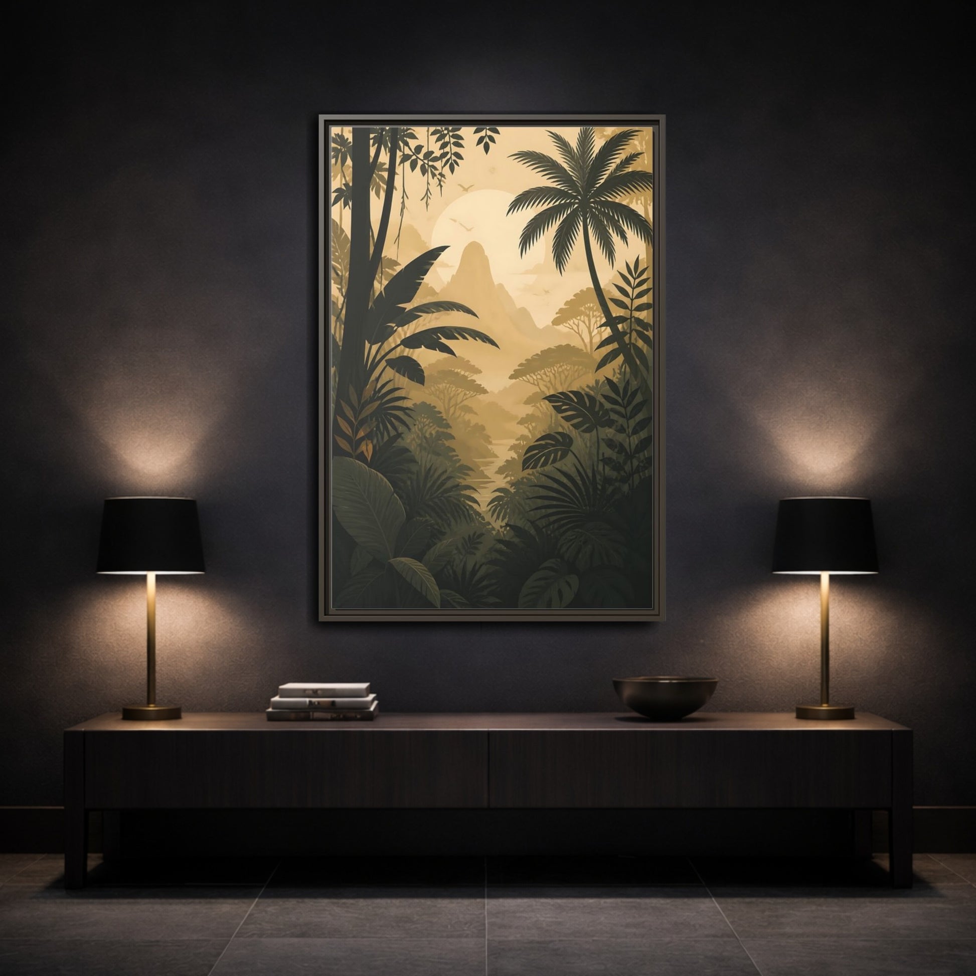 Nature Jungle Landscape Brown and Gold Framed Canvas Wall Art - Living Room, Above Couch shown as canvas wall art