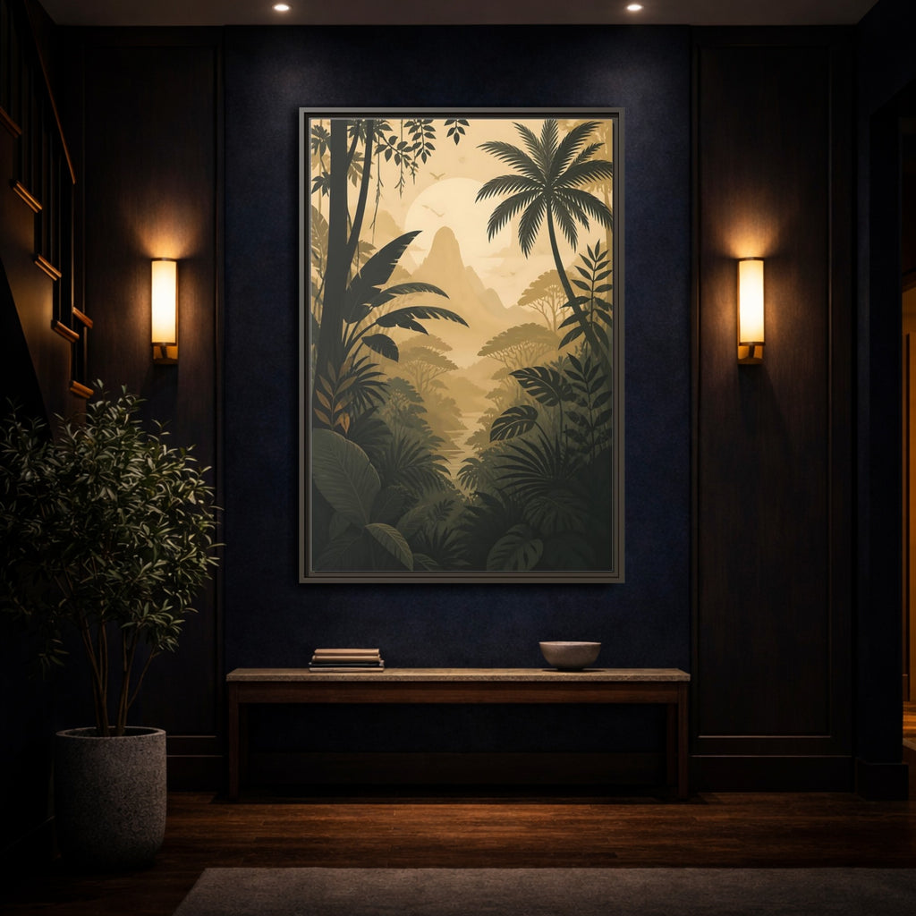 Mockup 4. Nature Jungle Landscape Brown And Gold shown as stretched canvas wall art