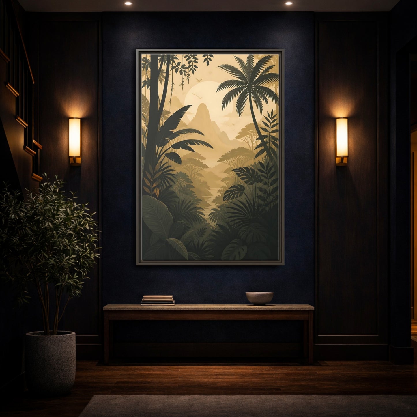 Nature Jungle Landscape Brown and Gold Framed Canvas Wall Art - Living Room, Above Couch shown as canvas wall art