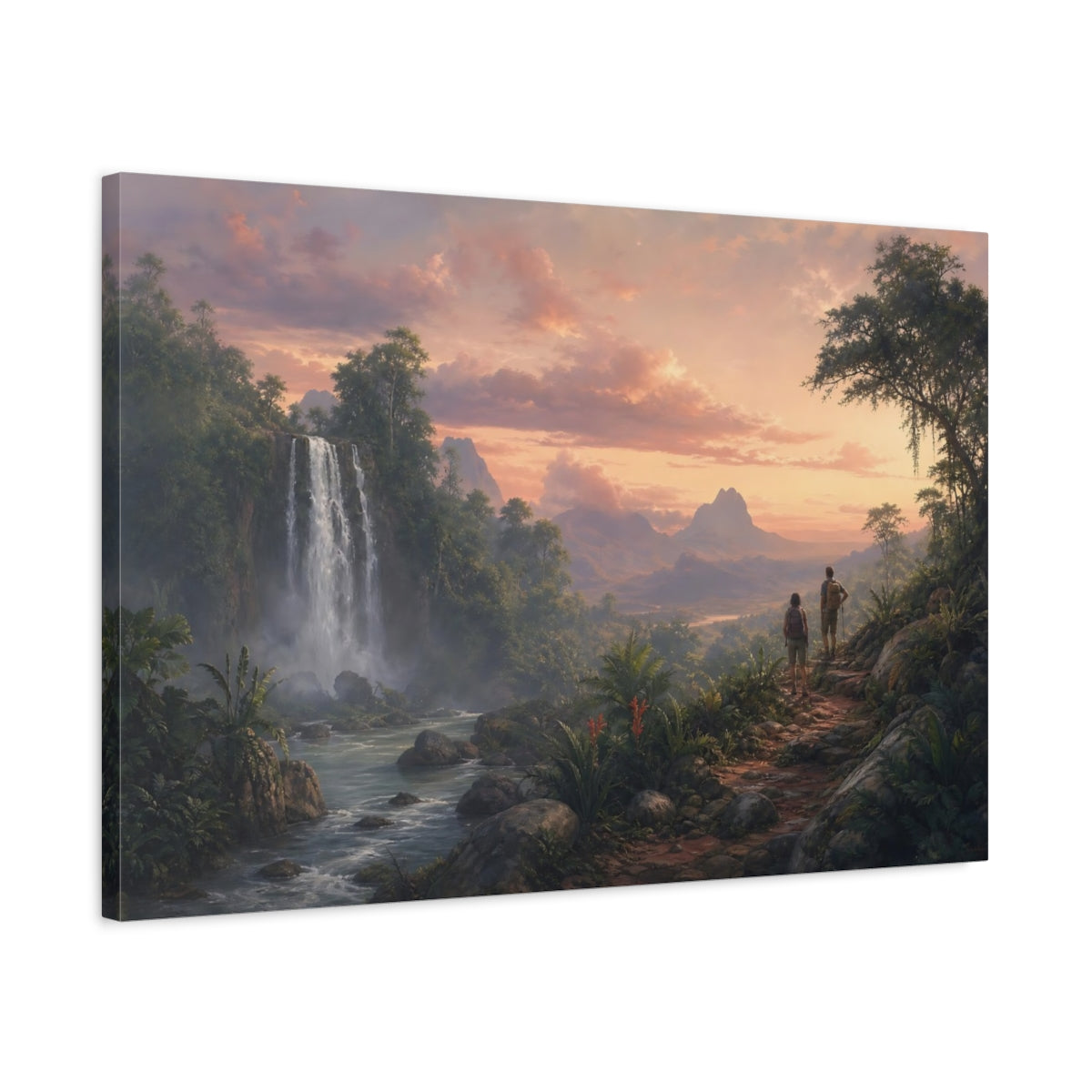 Side Mockup 2. Nature Jungle Landscape Tropical Waterfall Sunset shown as stretched canvas wall art