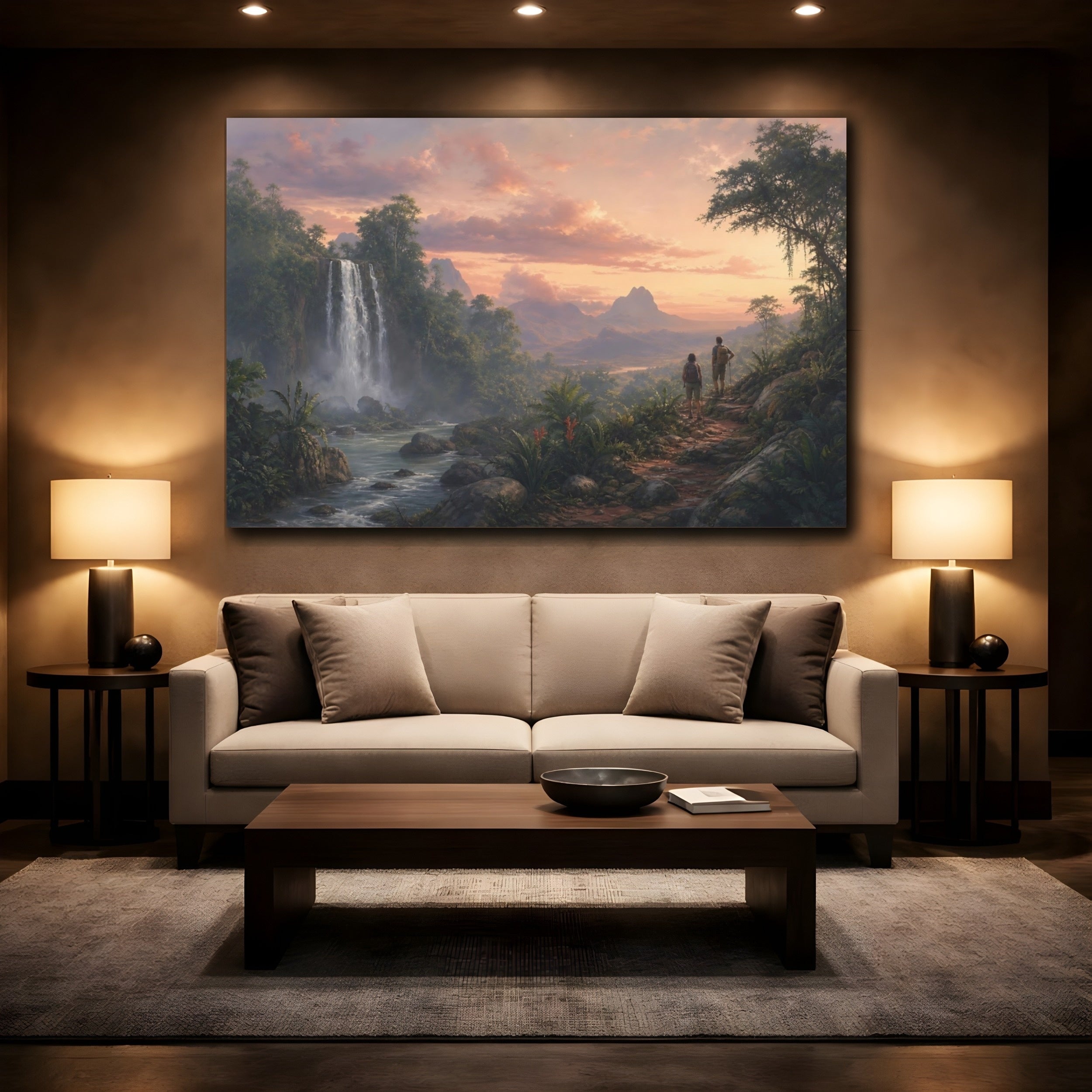 Mockup 2. Nature Jungle Landscape Tropical Waterfall Sunset shown as stretched canvas wall art