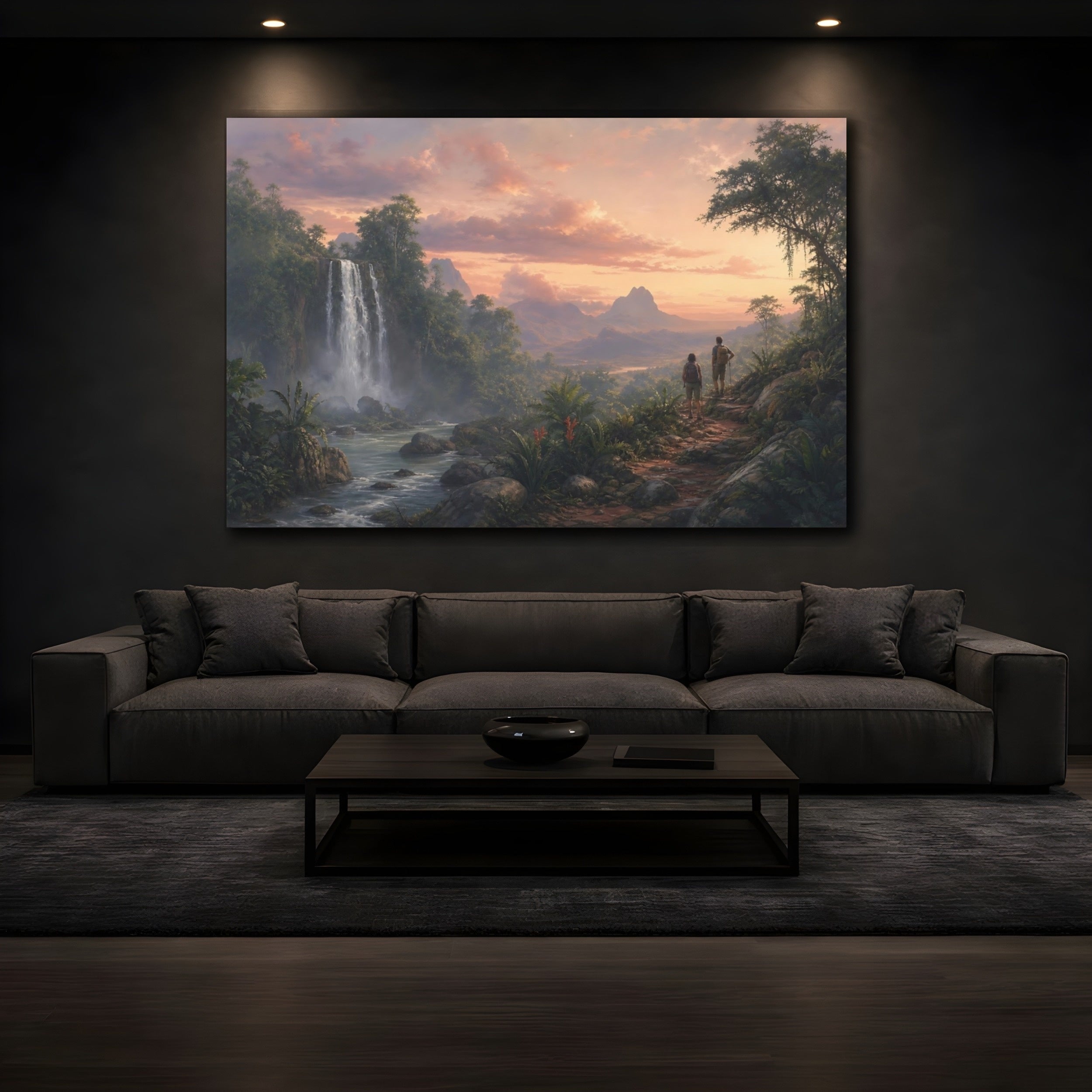 Mockup 3. Nature Jungle Landscape Tropical Waterfall Sunset shown as stretched canvas wall art