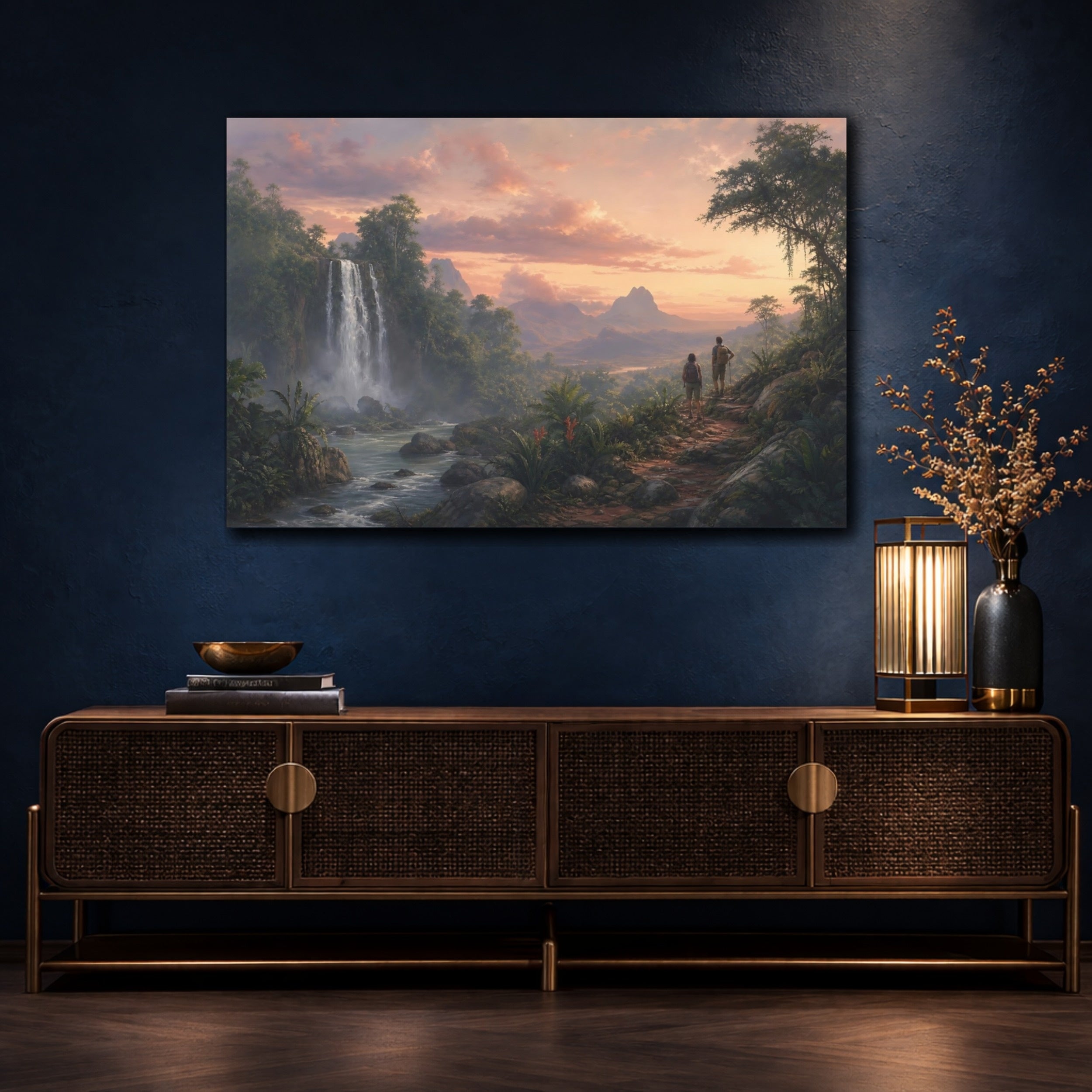 Mockup 4. Nature Jungle Landscape Tropical Waterfall Sunset shown as stretched canvas wall art