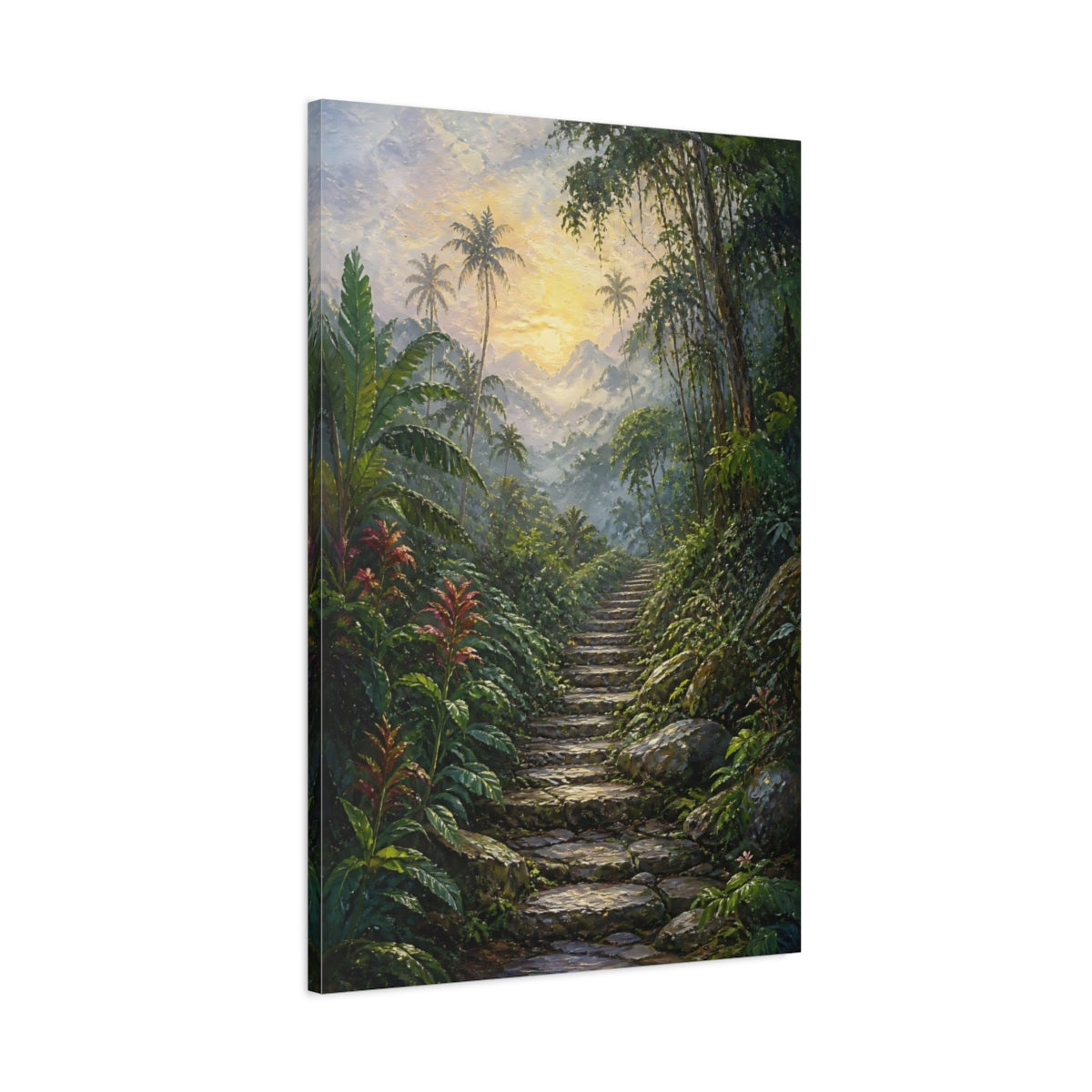 Main Mockup. Nature Jungle Path Green And Gold shown as stretched canvas wall art