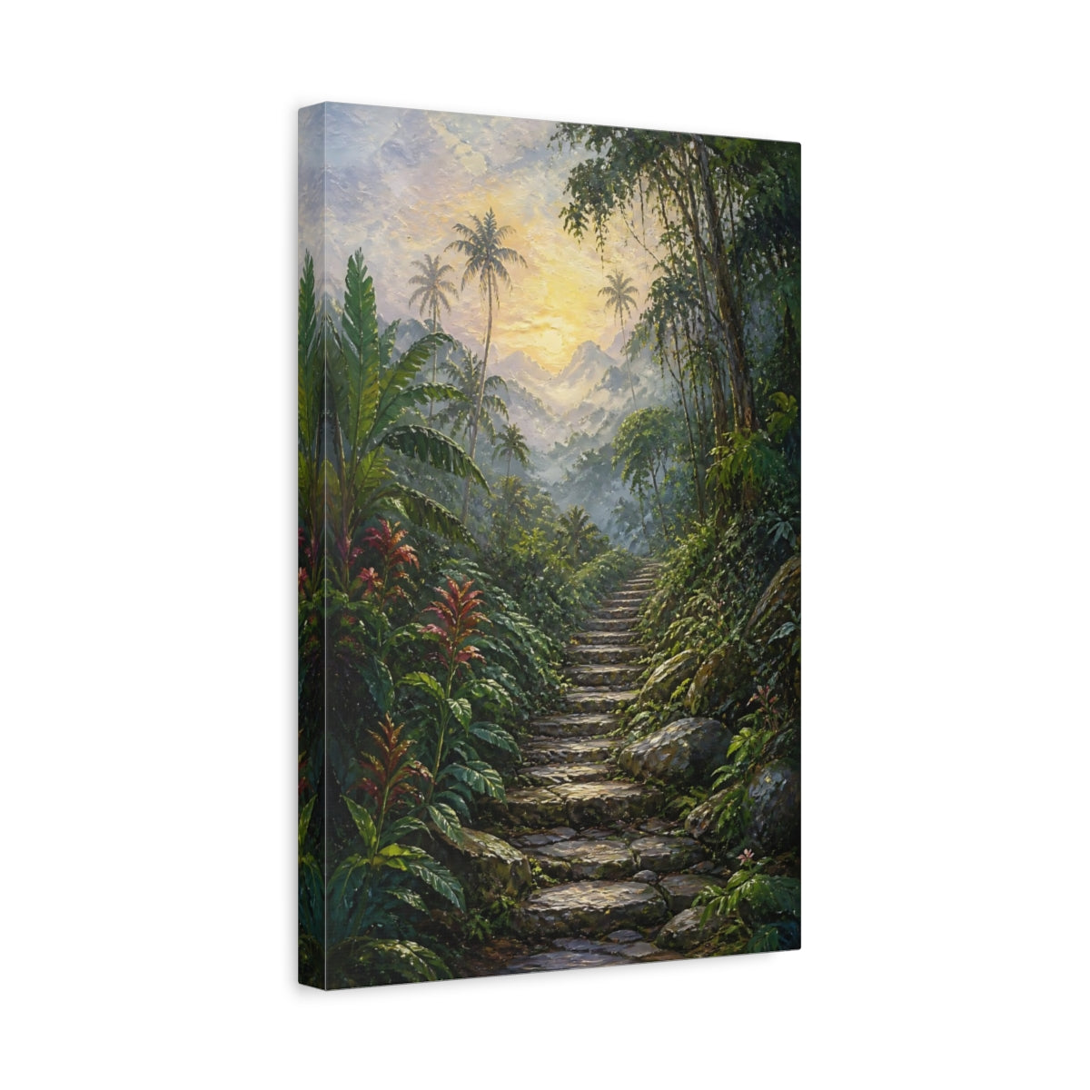 Side Mockup 4. Nature Jungle Path Green And Gold shown as stretched canvas wall art