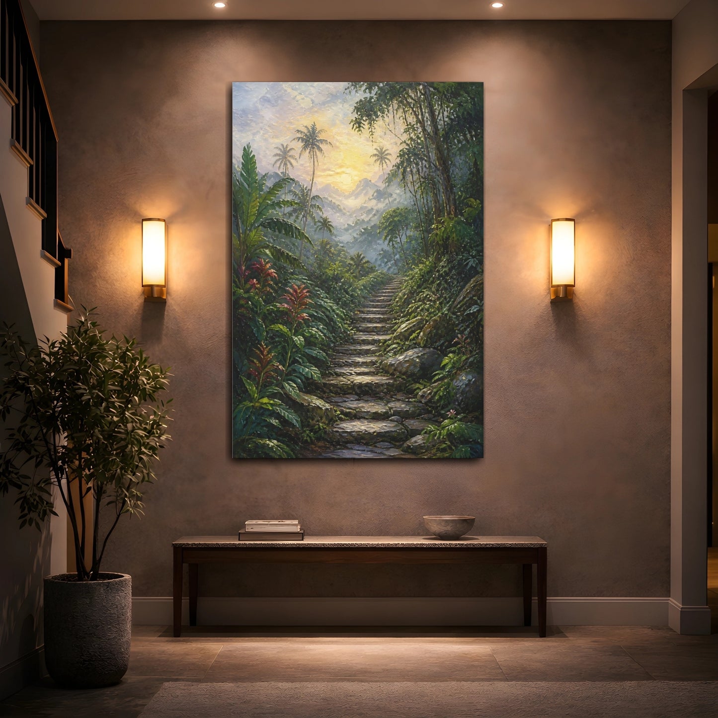Mockup 2. Nature Jungle Path Green And Gold shown as stretched canvas wall art