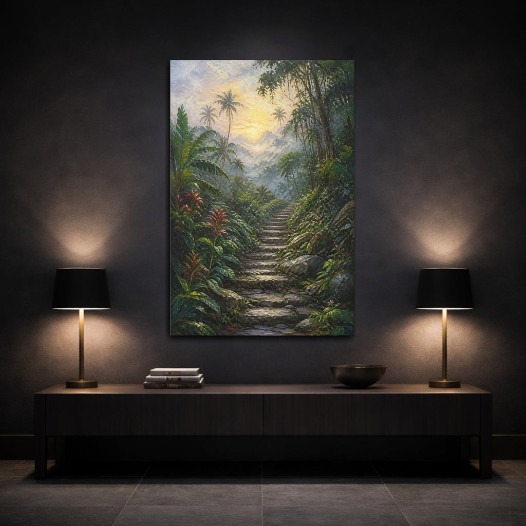 Mockup 3. Nature Jungle Path Green And Gold shown as stretched canvas wall art