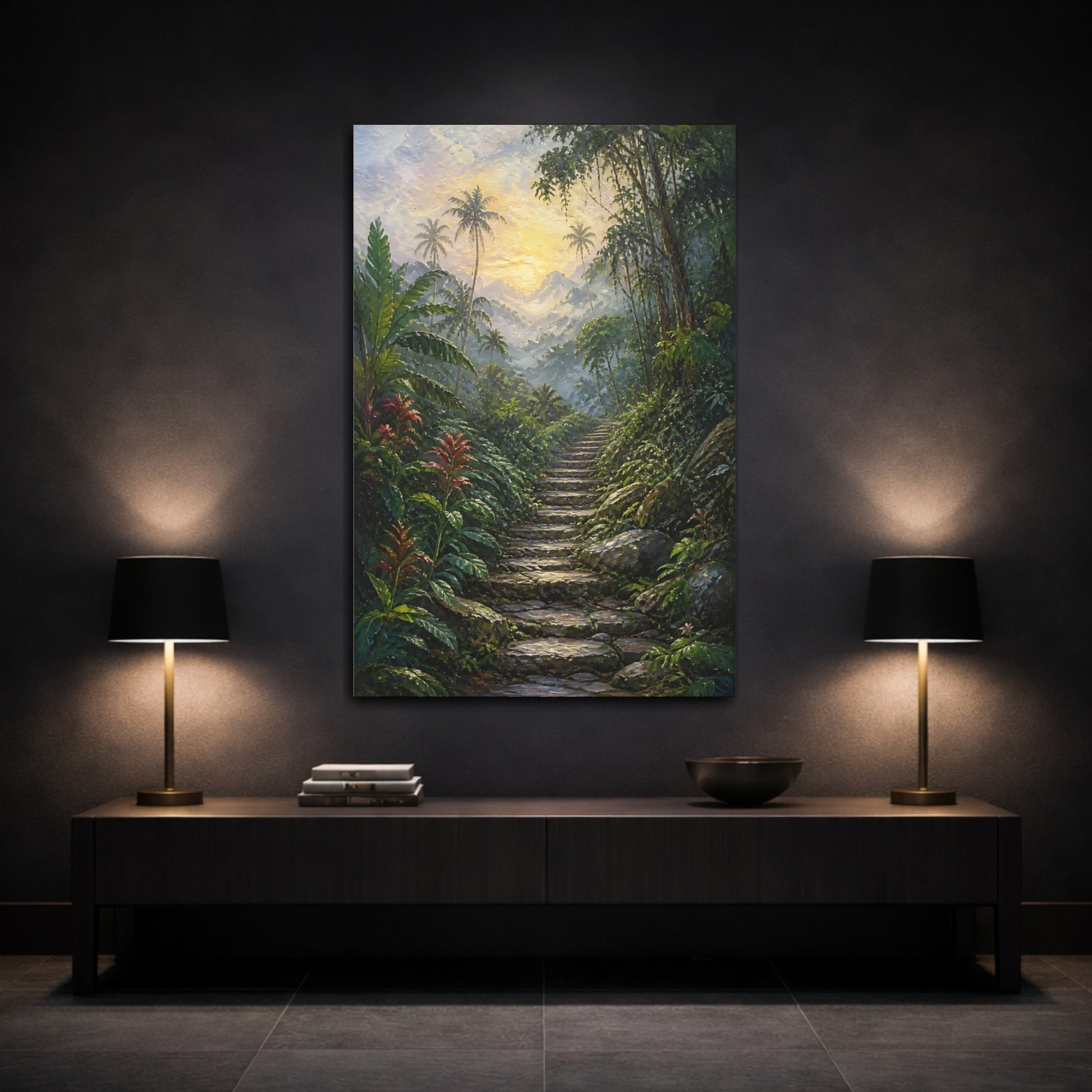 Mockup 3. Nature Jungle Path Green And Gold shown as stretched canvas wall art