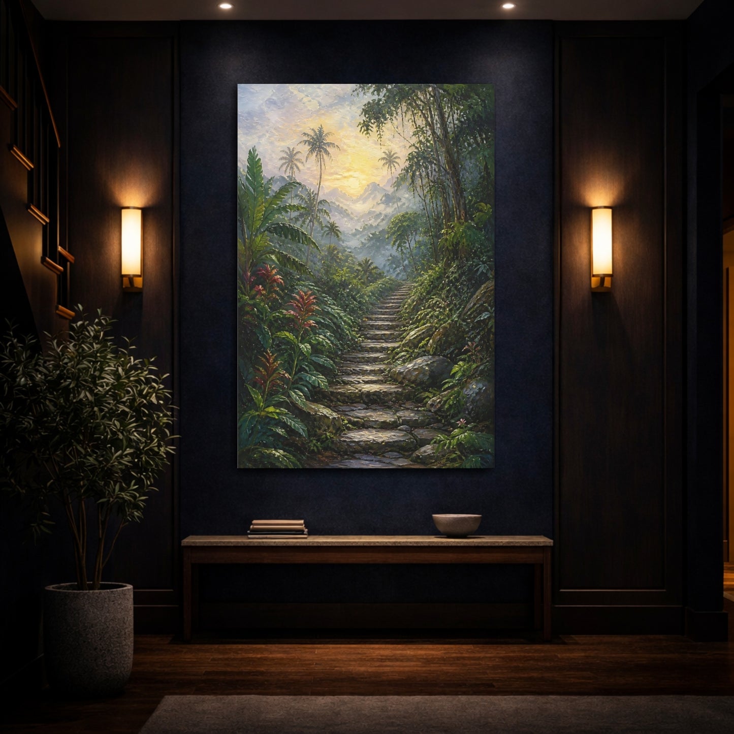 Mockup 4. Nature Jungle Path Green And Gold shown as stretched canvas wall art