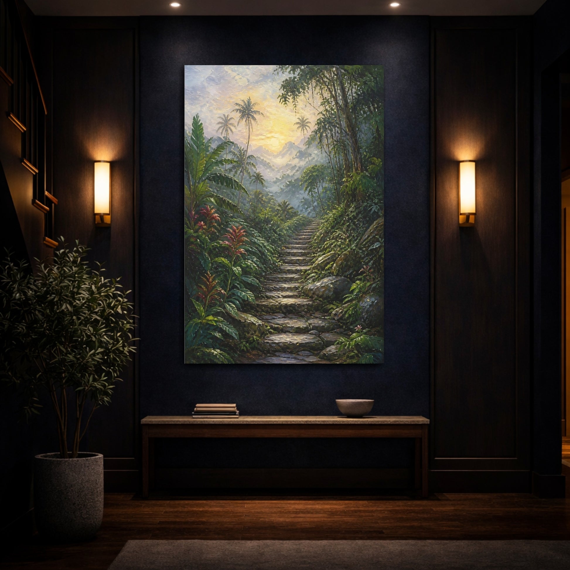 Mockup 4. Nature Jungle Path Green And Gold shown as stretched canvas wall art